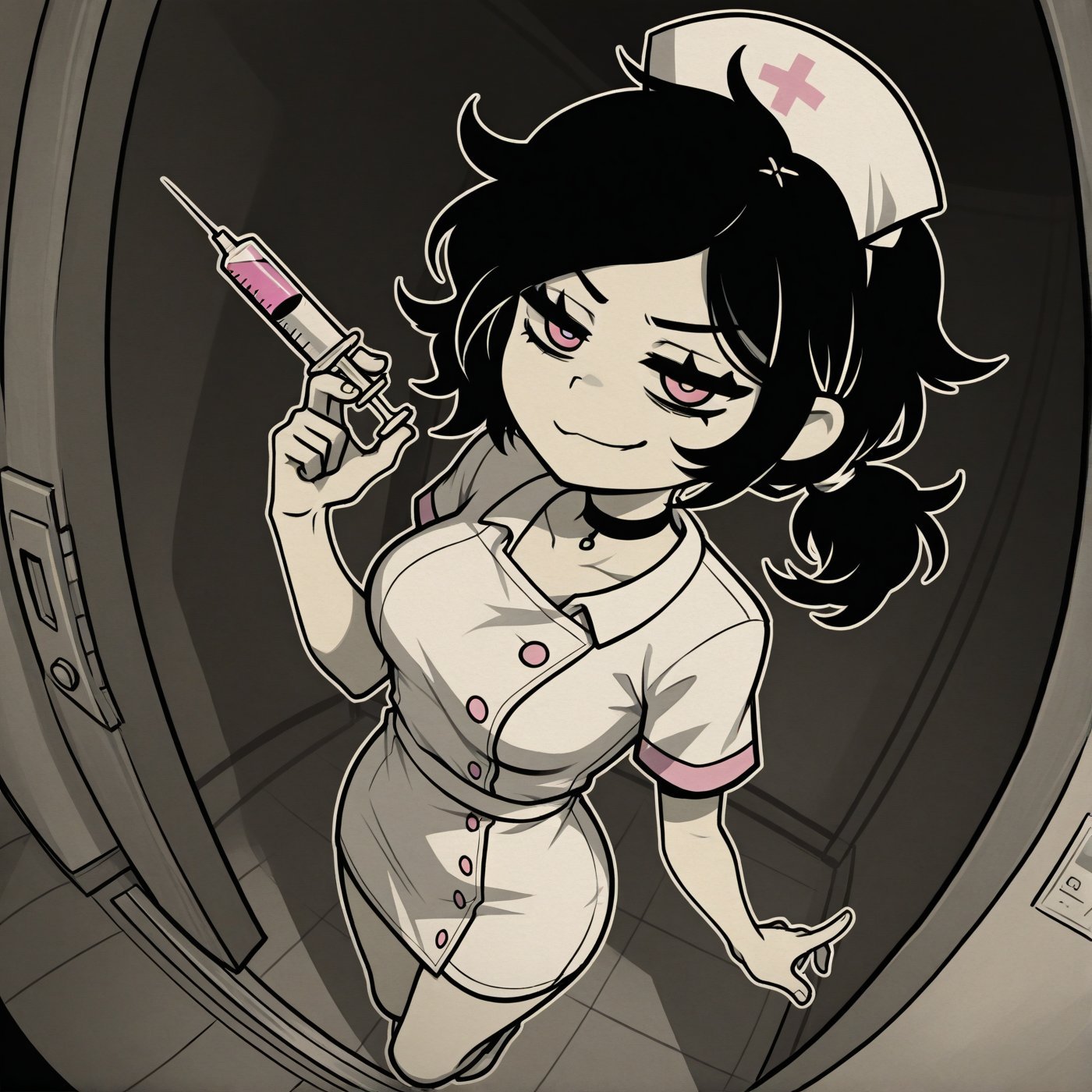 1girls, 2d, ai generated, ashley graves, black hair, black hair female, breasts, choker, clothed, clothed female, clothing, cocky, cocky smile, collar, dark hair, door, doorframe, doorway, elevator, eyes half closed, eyes half open, female, fisheye lens, froggy dumpster, fully clothed, goth, goth girl, goth makeup, hairband, half-closed eyes, hallway, injection, looking at viewer, medium breasts, messy hair, nurse, nurse cap, nurse clothing, nurse hat, nurse headwear, nurse uniform, open door, petite, petite breasts, petite female, pink eyes, ponytail, shirt, small breasts, smile, smile at viewer, smiling, smiling at viewer, smug, smug expression, smug eyes, smug face, smug grin, smug smile, syringe, the coffin of andy and leyley, tied hair, white hairband, wild hair