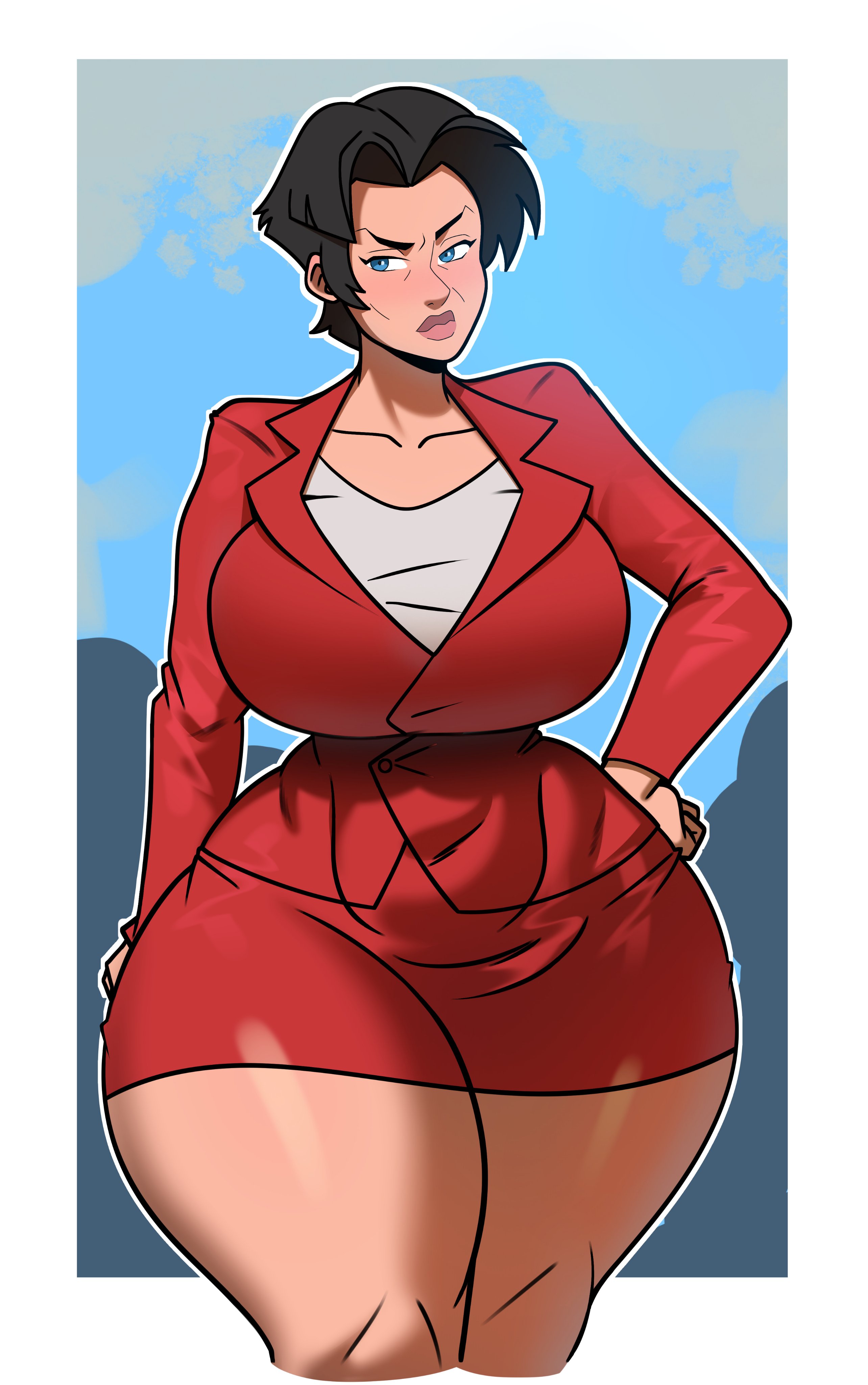 1female, 1females, 1girl, 1girls, anissa, badblue98, big breasts, black hair, blue eyes, breasts, female, female only, girl, girl only, huge breasts, invincible, invincible (tv series), large breasts, light skin, light-skinned female, looking at viewer, official alternate costume, postblue98, skirt, solo, solo female, solo girl, thick thighs, thighs, thighs bigger than head, wide hips