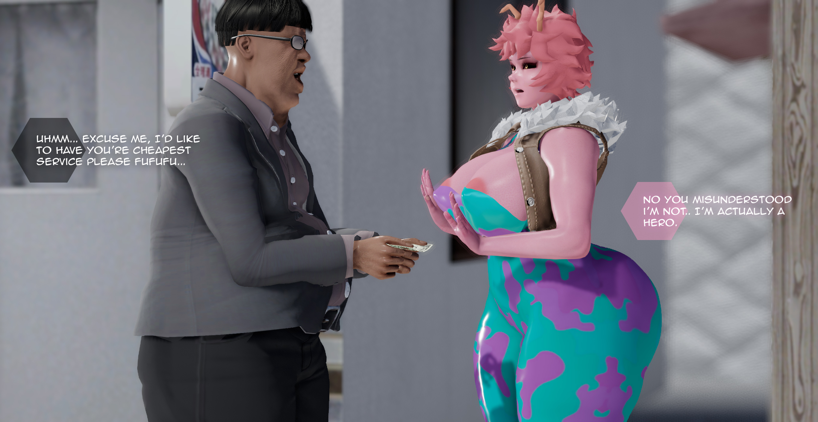 1boy, 1girls, 3d, breasts, busty, comic, curvy, fat male, female, hero outfit (mha), hex3d, huge breasts, male, mina ashido, my hero academia, pink hair, pink skin, prostitution, thick thighs, thighs, venus body, voluptuous