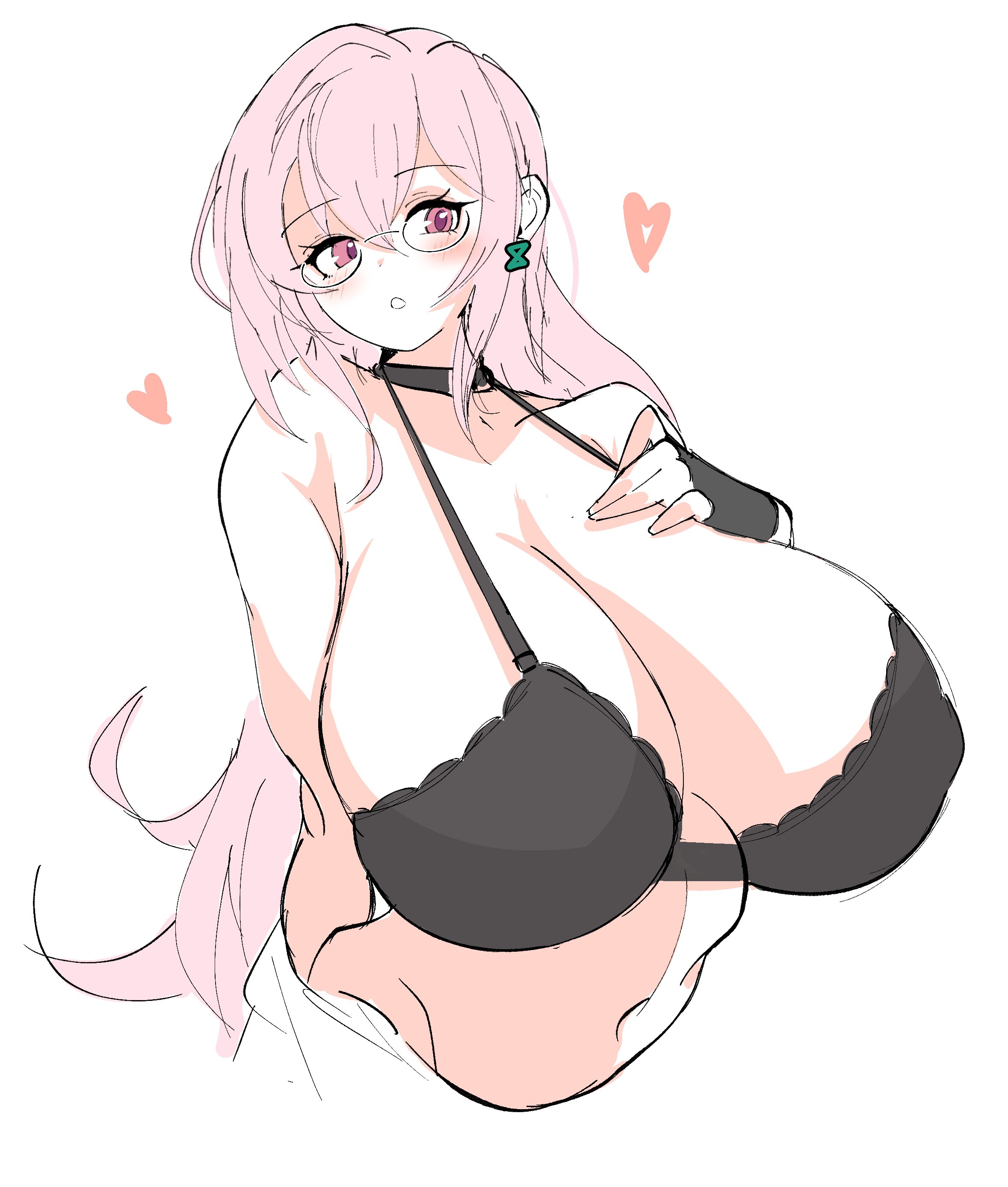 :o, arched back, blush, boobs, boobs bigger than head, breasts bigger than head, bust, collar, earring, gigantic breasts, glasses, hand on breast, heart, hyper breasts, lingerie, lingerie bra, navel, pink eyes, pink hair, seductive, tsukishiro yanagi, upper body, yosua 0669, zenless zone zero