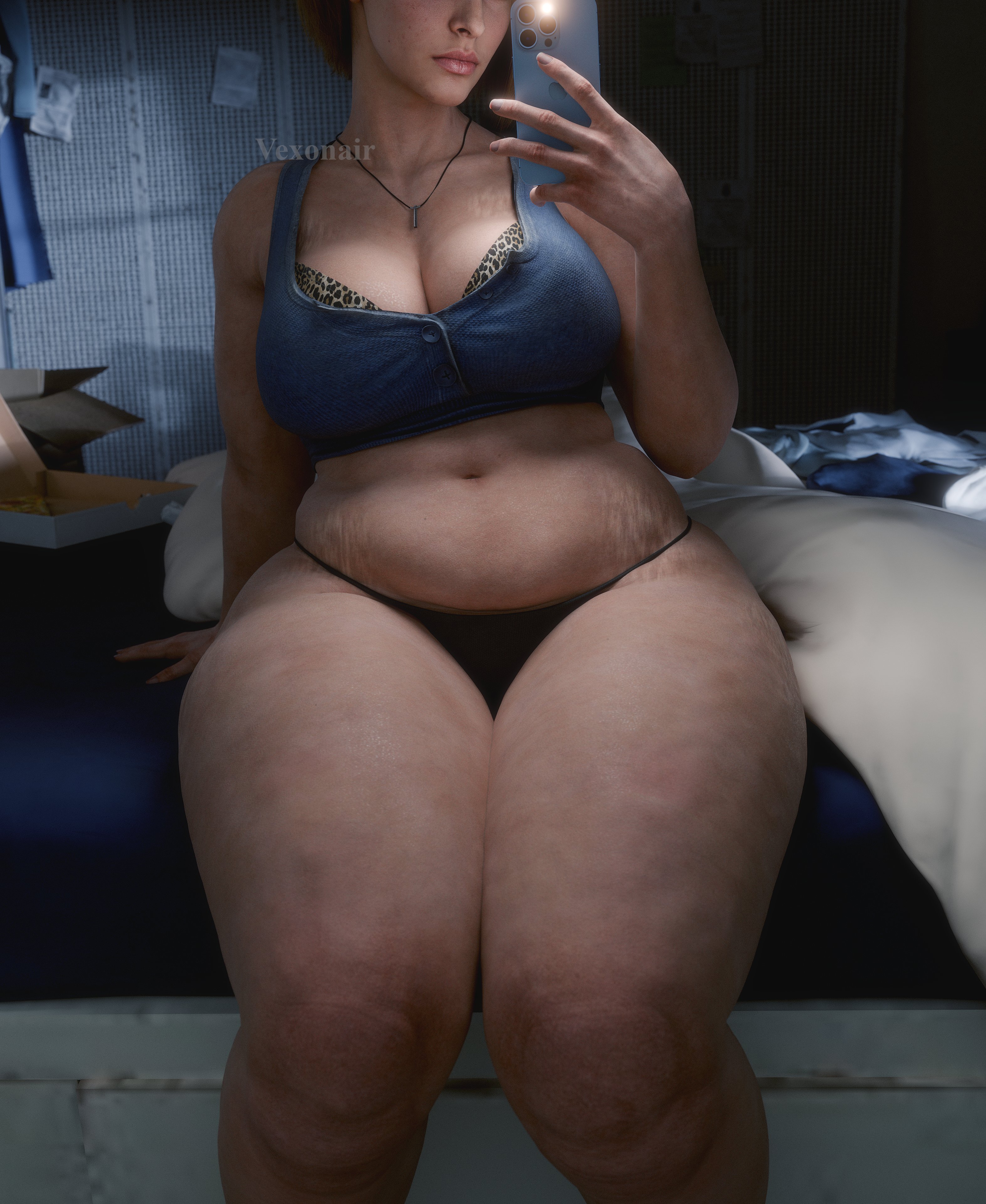 1girls, 3d, big breasts, bottom heavy, bra, cellphone, curvy female, huge thighs, jill valentine, jill valentine (sasha zotova), panties, plump, resident evil, resident evil 3, stretch marks, thick thighs, vexonair