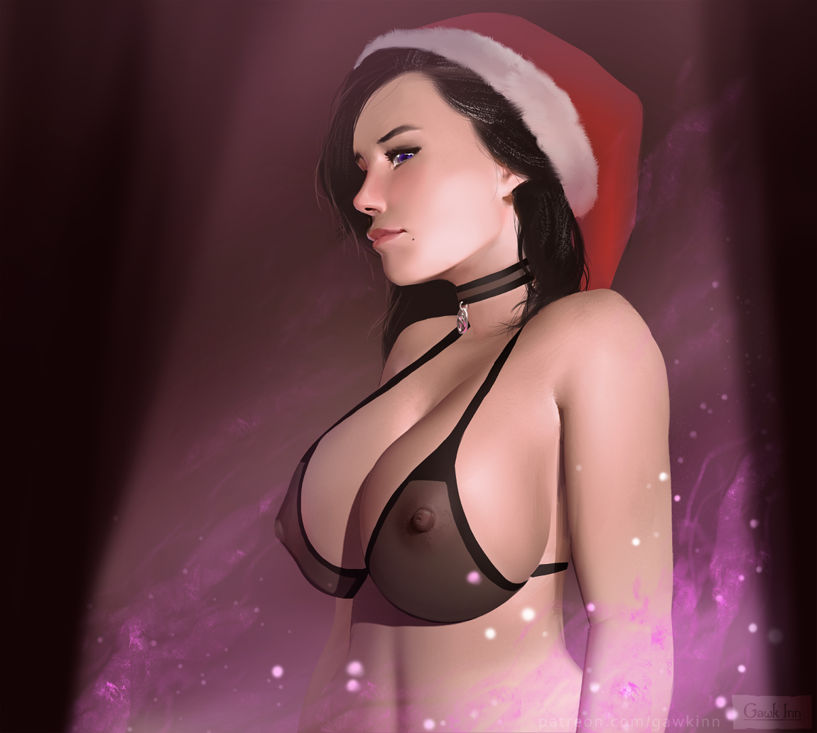1girls, areolae, black bra, black underwear, bra, breasts, bust, cd projekt red, christmas outfit, cleavage, curvy, erect nipples, female, female only, gawkinn, hat, huge breasts, nipple bulge, nipples, portrait, santa hat, see-through, see-through bra, see-through clothing, see-through top, the witcher (series), the witcher 3: wild hunt, underwear, yennefer