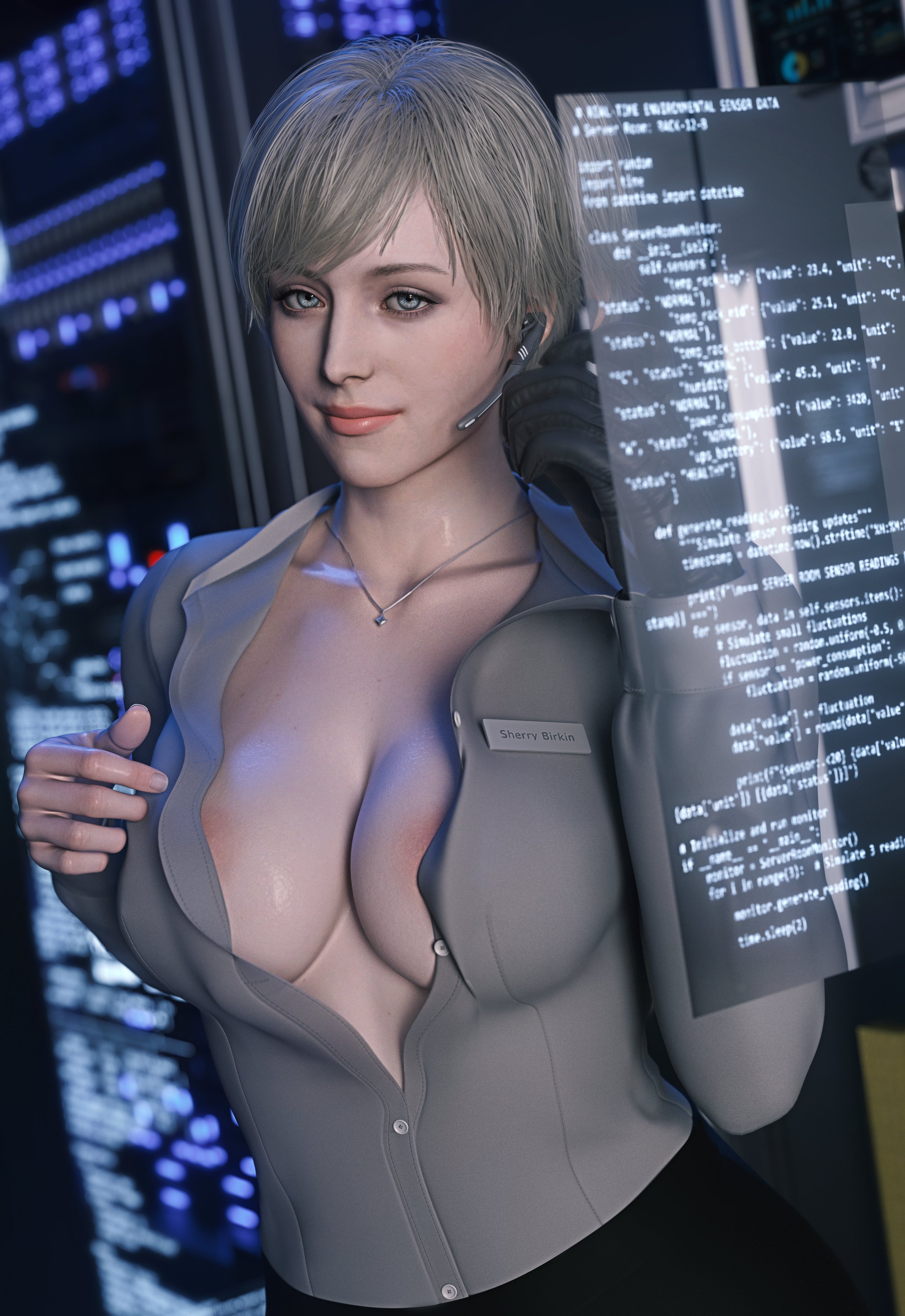 1girls, 3d, areola slip, areolae, big breasts, blonde hair, blue eyes, breasts, capcom, cleavage, female, howie3d, resident evil, resident evil 9: requiem, sherry birkin, short hair, solo