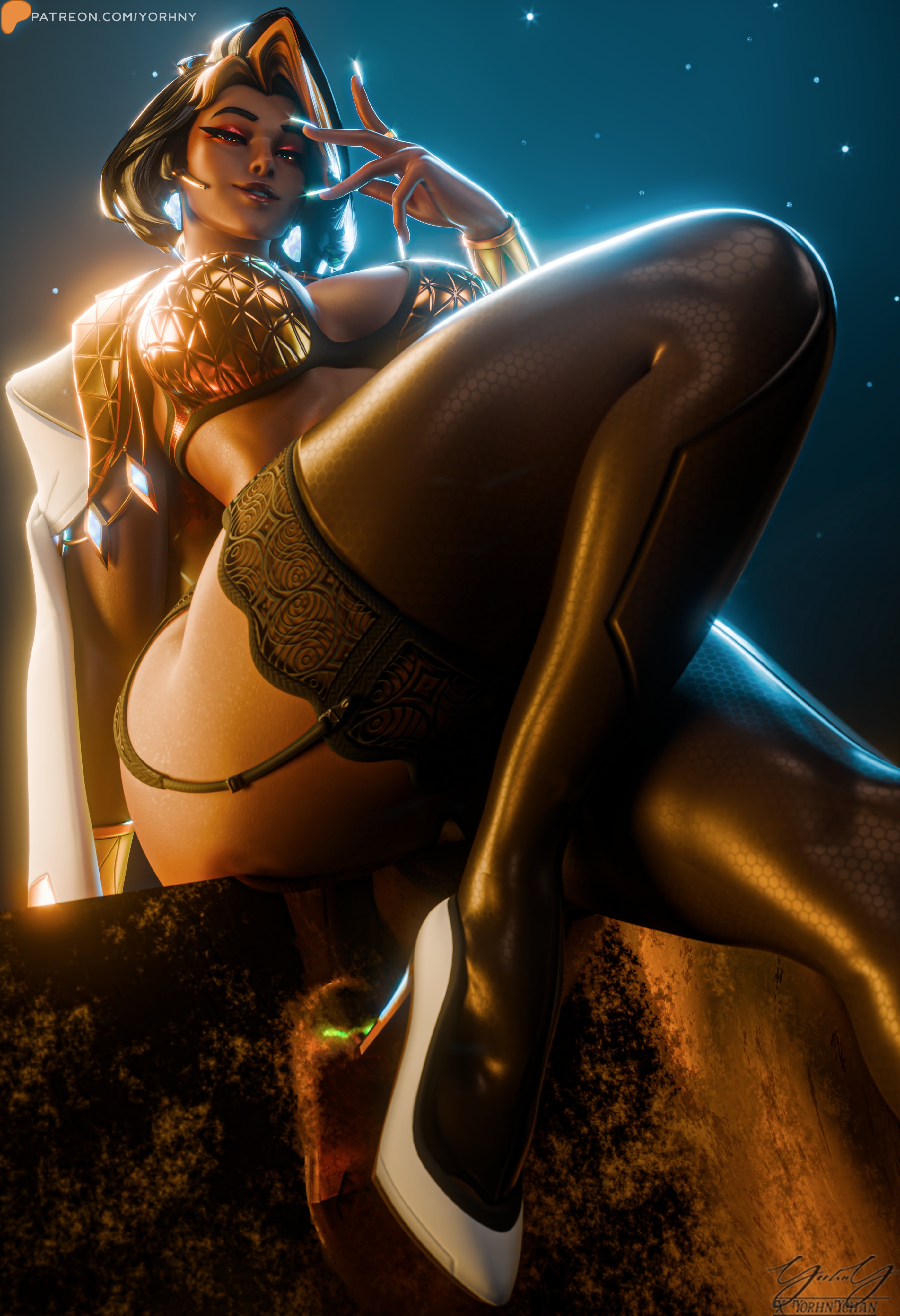 3d, 3d model, ass, big breasts, black hair female, blonde hair female, blonde streaks, breasts, child bearing hips, dark-skinned female, domina, female, female only, indian female, lingerie, overwatch, overwatch 2, red eyes, short hair female, thicc breasts, thicc thighs, thick hips, thick thighs, vaira singhania, voluptuous female, yorhny