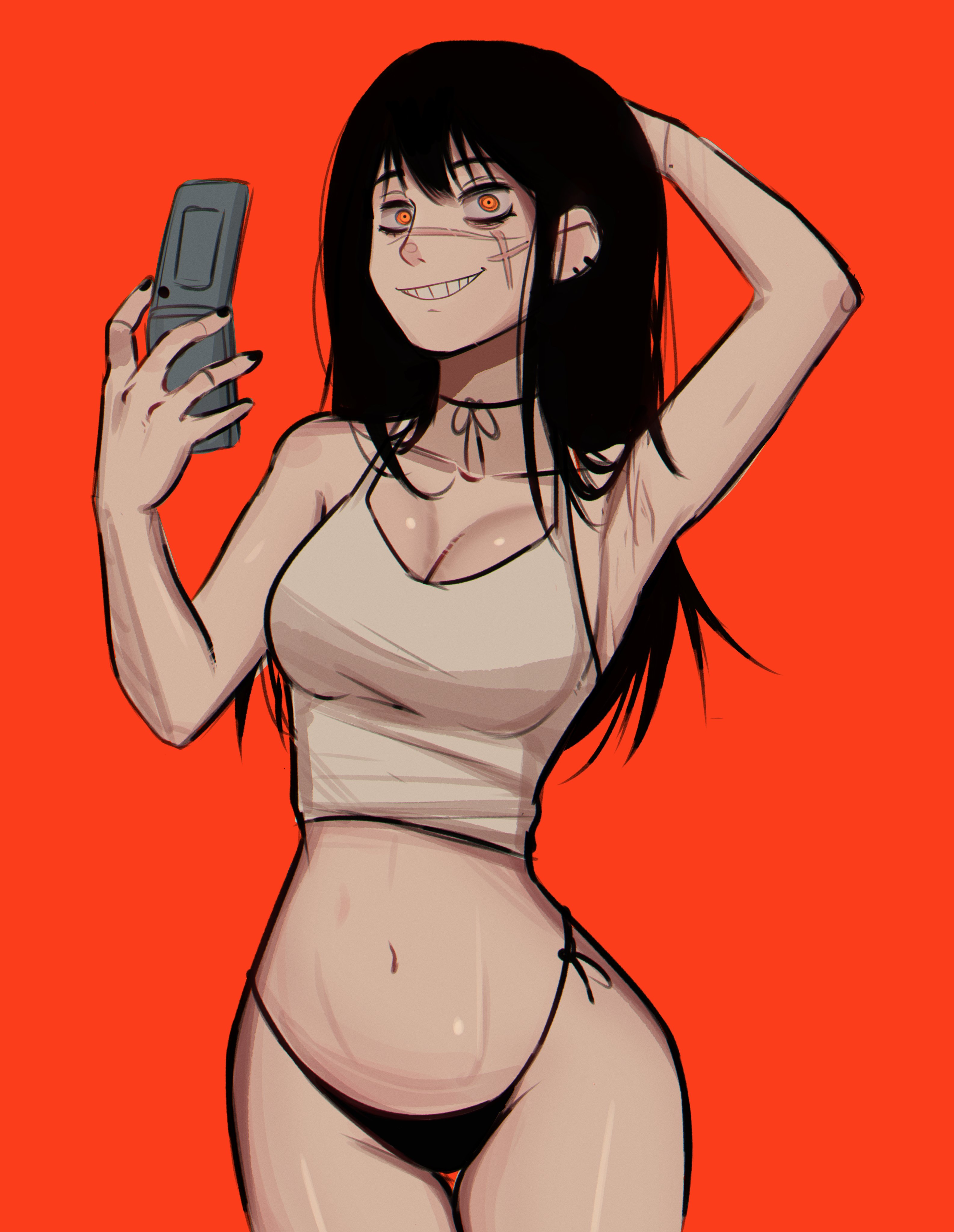 1girls, 2d, 2d (artwork), black hair, black hair female, black underwear, black-haired female, blank background, cell phone, cellphone, chainsaw man, cleavage, ear piercing, ear piercings, female, female only, flip phone, long hair, long hair female, long-haired female, midriff, midriff baring shirt, mitaka asa, piercings, scar on face, selfie, smiling, smiling female, solo, solo female, tank top, underwear, yoru (chainsaw man), zero dead zone
