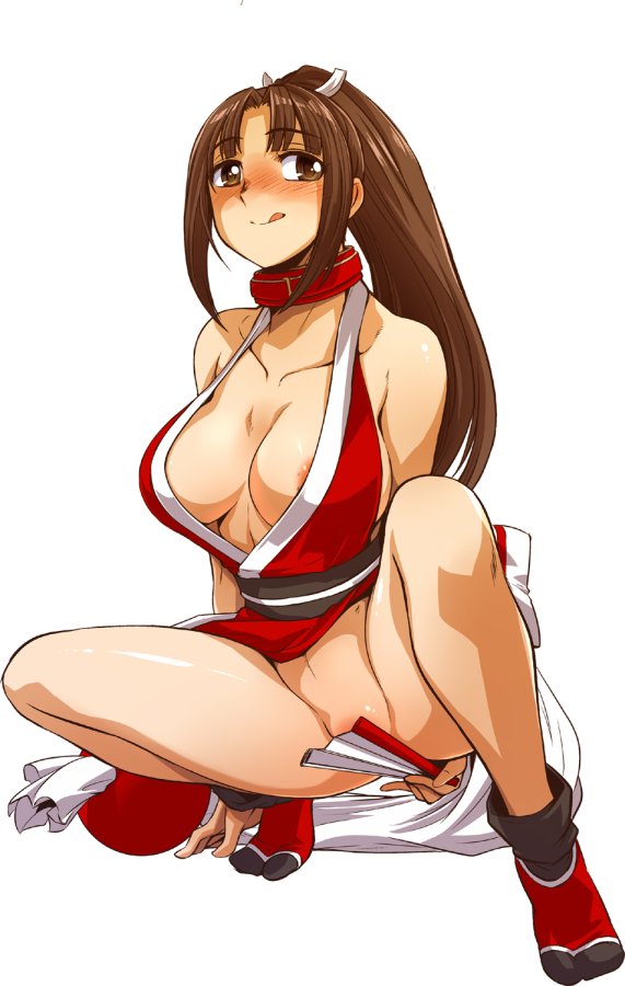 areola_slip areolae bare_arms bare_legs bare_shoulders big_breasts bottomless breasts brown_eyes brown_hair cameltoe choker ez6 fatal_fury female female_focus female_only king_of_fighters kunoichi large_breasts mai_shiranui no_panties pinup ponytail pose posing pussy sideboob snk solo tied_hair tongue tongue_out vagina