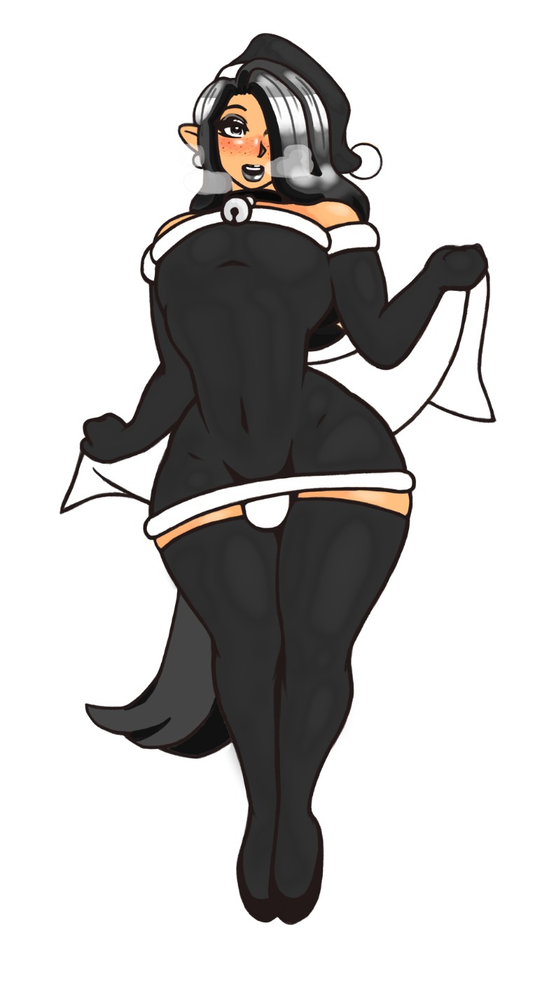 1boy, 2019, alternate version available, androgynous, animal humanoid, ashley (onkenyo), bell collar, black hair, blush, bulge, christmas outfit, clothed, collar, crossdressing, earrings, equine humanoid, eyeshadow, femboy, freckles, girly, goth, hair over one eye, lipstick, long hair, makeup, male, male only, onkenyo, solo, tail, thick thighs, thighhighs, trap, wide hips