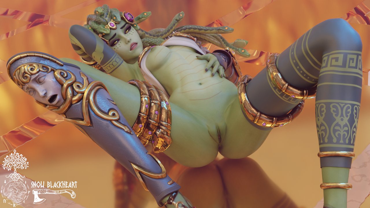 , 1girls, 3d, ass, big ass, blizzard entertainment, breasts, female, gorgon, green skin, medusa widowmaker, monster girl, nipples, overwatch, pussy, reflection, snow blackheart, solo, widowmaker