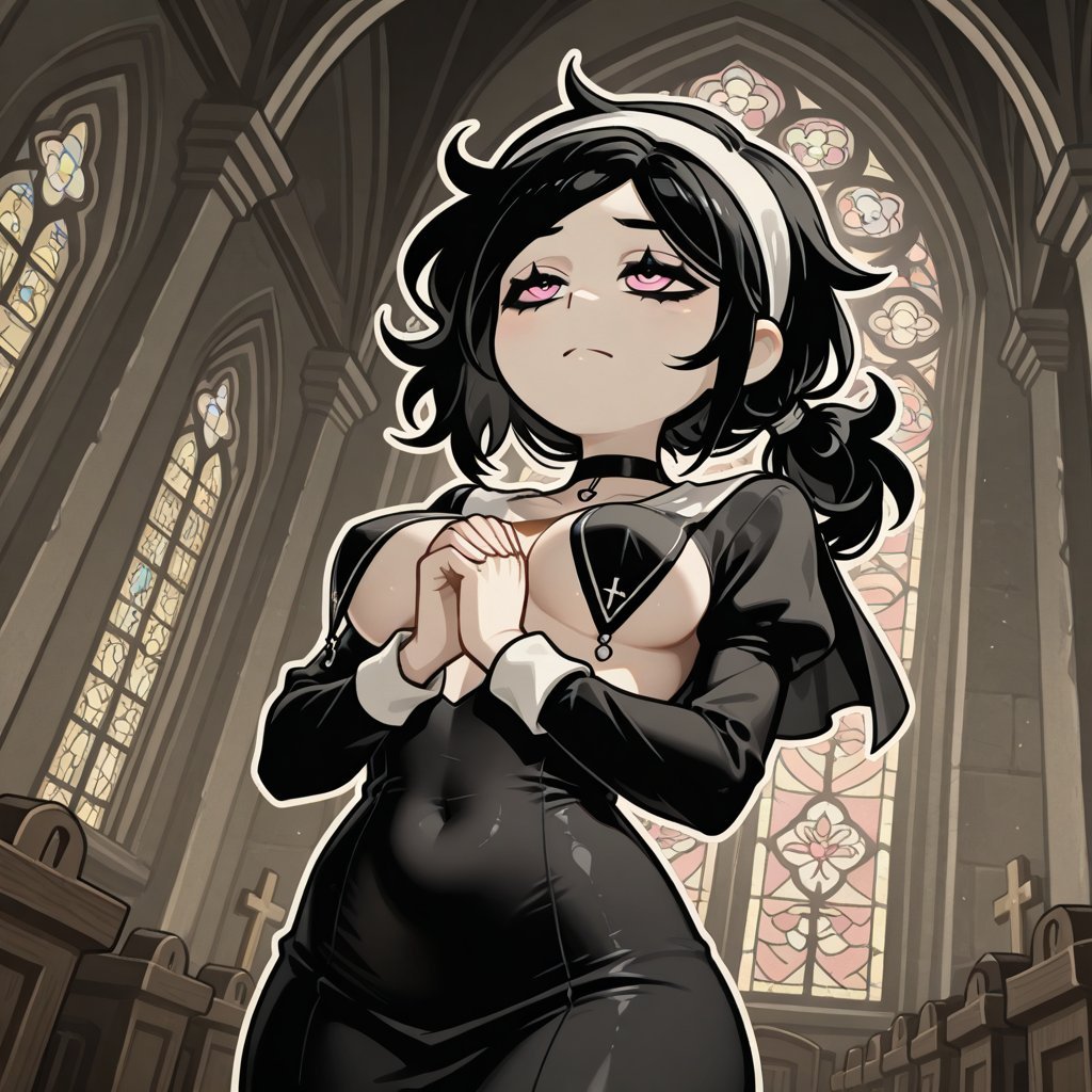 1girls, 2d, ai generated, ashley graves, black hair, black hair female, bored, bored expression, breasts, choker, church, church interior, clothed, clothed female, clothing, collar, dark hair, eyes half closed, eyes half open, female, froggy dumpster, fully clothed, goth, goth girl, goth makeup, hairband, half-closed eyes, medium breasts, messy hair, nun, nun habit, nun outfit, nun's habit, pale skin, pale-skin, pale-skinned female, petite, petite breasts, petite female, pink eyes, ponytail, prayer hands, praying, shirt, small breasts, the coffin of andy and leyley, tied hair, unimpressed, white hairband, wild hair