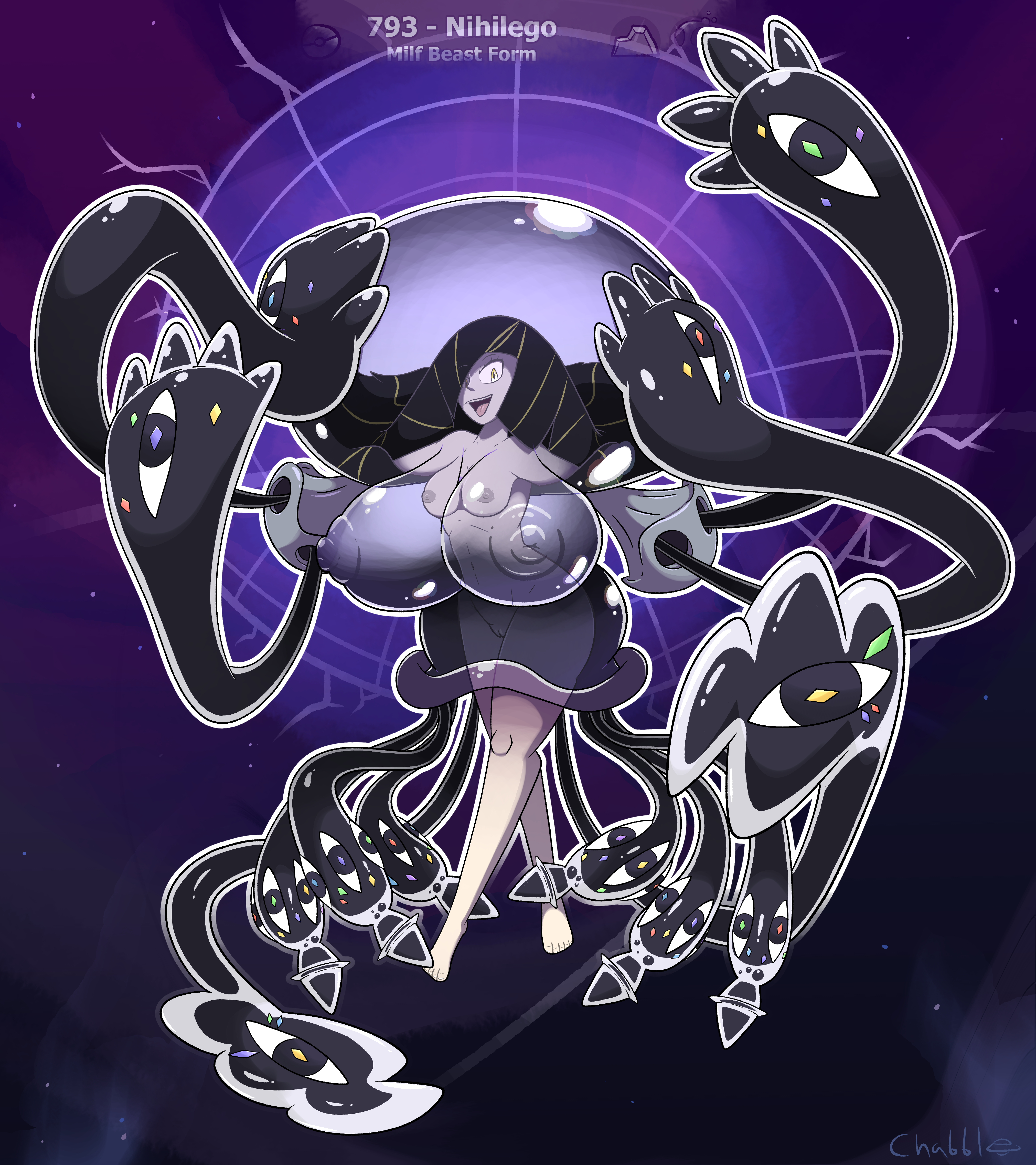 after transformation, burnet (pokemon), chabble, corruption, entrapment, fake breasts, fusion, jellyfish, long hair, lusamine (pokemon), mother beast lusamine, naked, nihilego, nude, nude female, pale skin, pokemon, pokemon sm, post-transformation, tentacle, tentacles, transformation, ultra beast, yellow eyes
