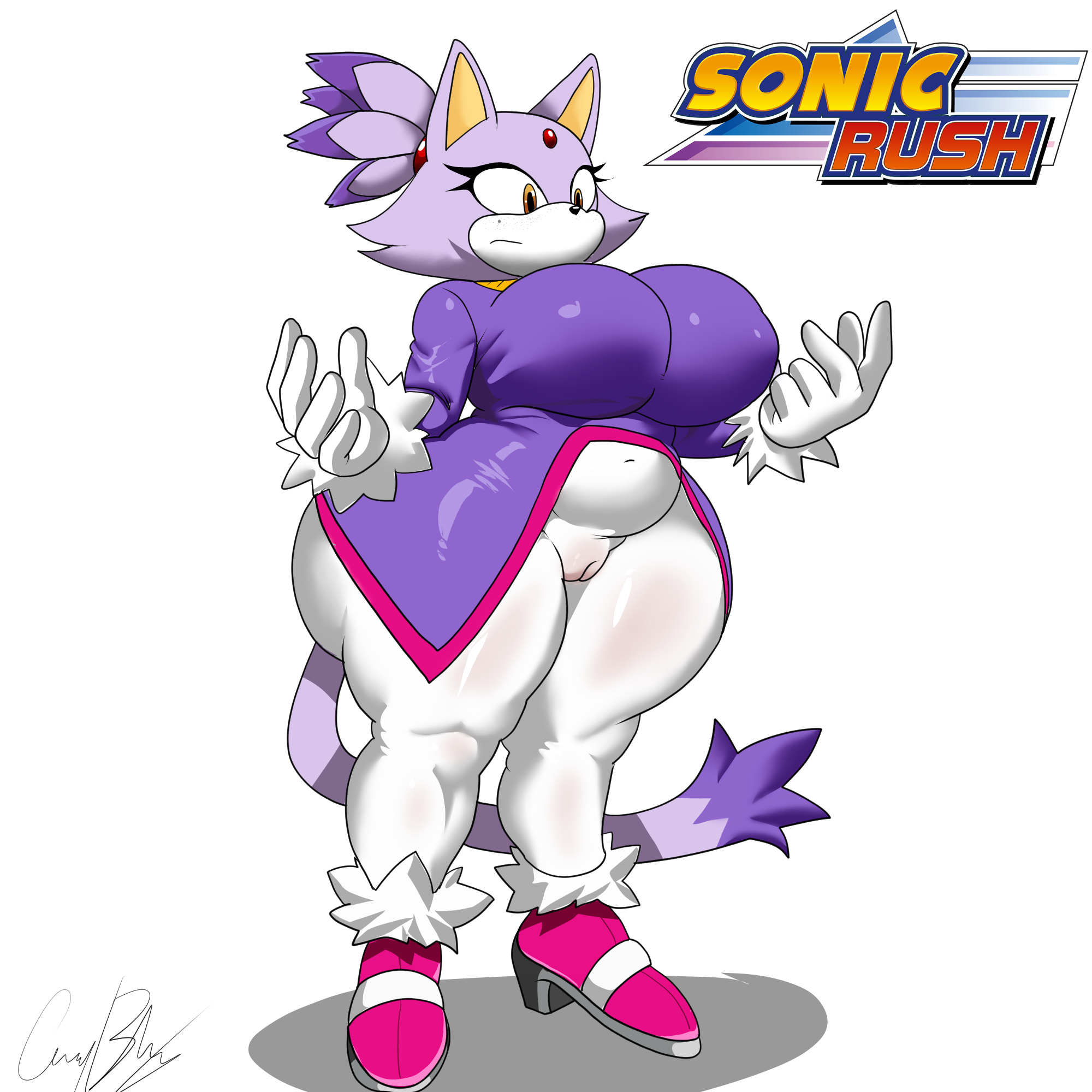 2026, accessory, anthro, belly, big ass, big breasts, big butt, black nose, blaze the cat, bottomwear, breasts, butt, camel toe, chubby, clothing, colored, cuernosblancos, digital media (artwork), domestic cat, english text, eyelashes, felid, feline, felis, female, footwear, forehead gem, freckled face, freckles, gem, genitals, gloves, hair, hair accessory, hairband, handwear, hi res, logo, mammal, markings, mole (marking), navel, navel outline, nipple outline, pants, pink clothing, pink footwear, pink shoes, purple ears, purple hair, red gem, red hairband, sega, shaded, shoes, signature, simple background, slightly chubby, slightly chubby anthro, slightly chubby female, solo, sonic (series), sonic rush, sonic the hedgehog (series), tan inner ear, text, thick thighs, three-quarter view, tight clothing, vulva, white background, white bottomwear, white clothing, white gloves, white handwear, white pants, yellow eyes
