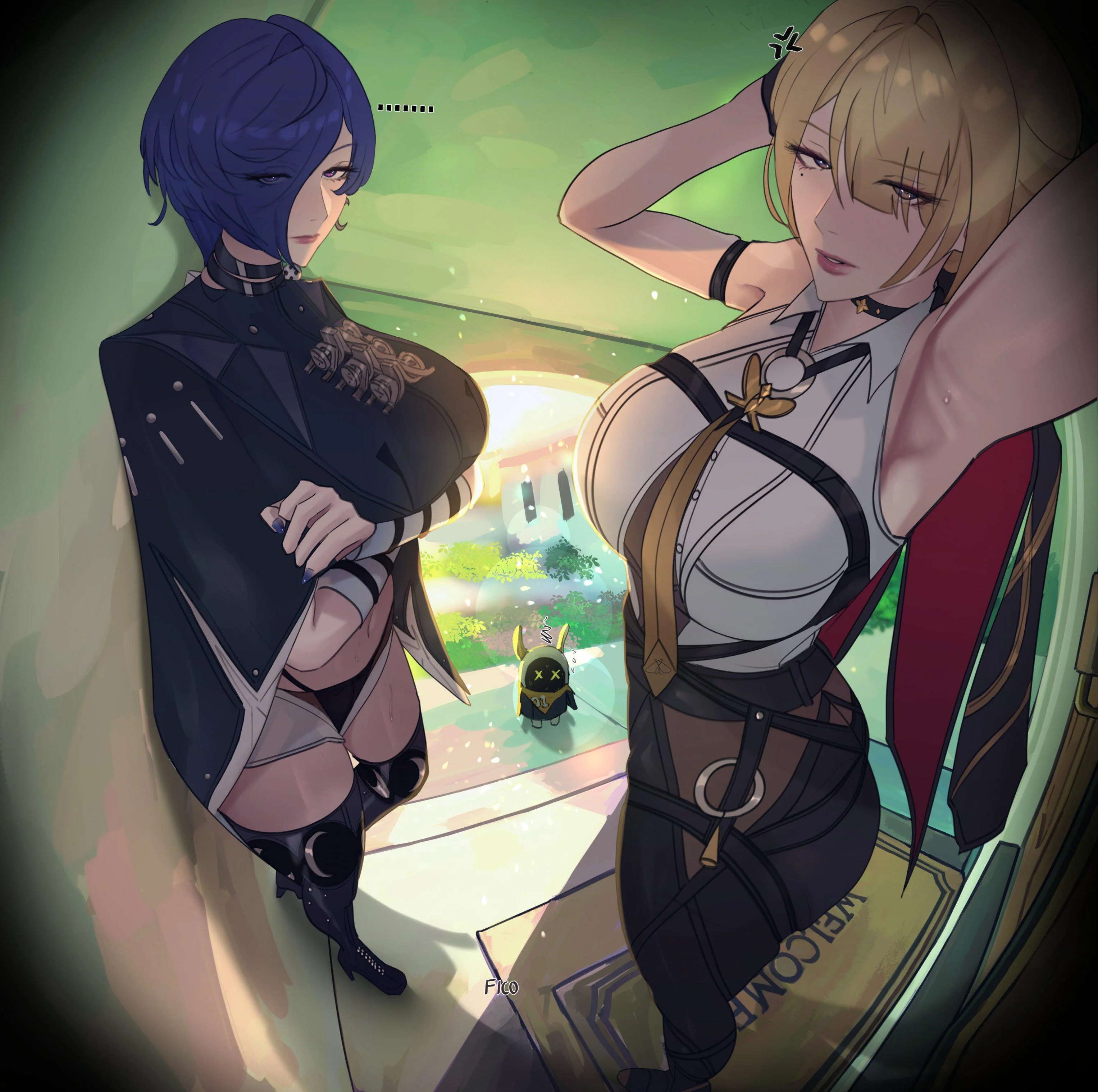 doorbell, doorbell camera, evelyn chevalier, ficoemirrio, long hair, meme reference, multiple girls, pov, promeia (zenless zone zero), zenless zone zero
