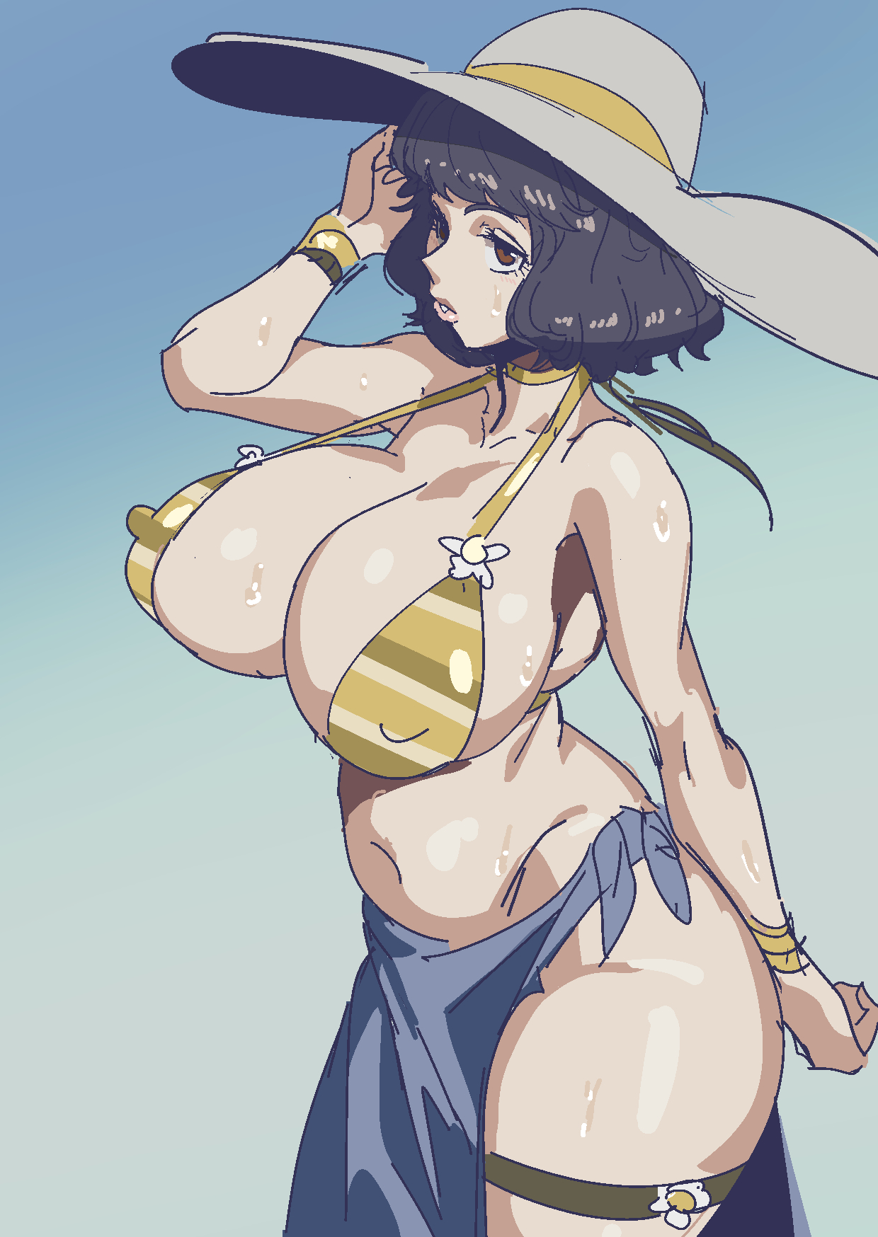 alternate costume, bathsalts1, bikini, black hair, brown eyes, large breasts, persona, persona 5, sadayo kawakami, simple background, wet