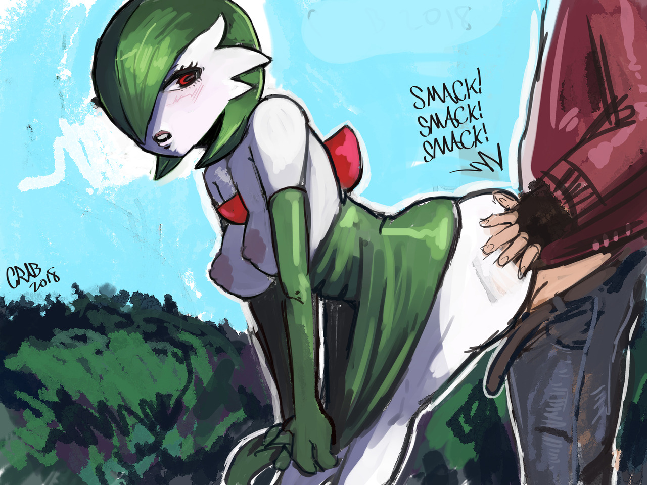 1boy, 1girls, anthro, anthrofied, bent over, bottomless, breasts, clothes, crab (artist), dress, elbow gloves, eye contact, female, from behind, from behind position, gardevoir, gloves, green dress, green gloves, hair over one eye, half-closed eyes, hanging breasts, long gloves, looking at viewer, male, nintendo, nipples, outdoors, pokemon, pokemon (species), pokemon rse, pokephilia, sex, sketch, source request, standing, standing sex, taken from behind, text, watermark, wide hips