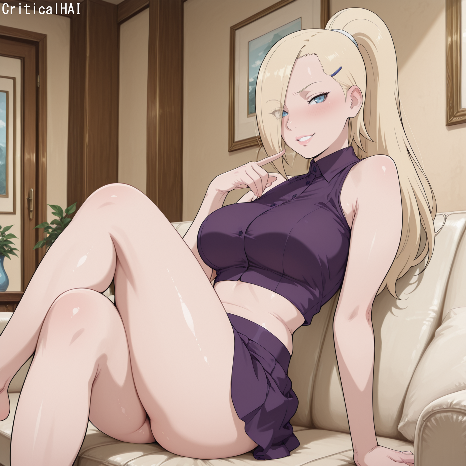 ai generated, blush, boruto: naruto next generations, chest, ino yamanaka, legs crossed, naruto, naruto (series), sitting