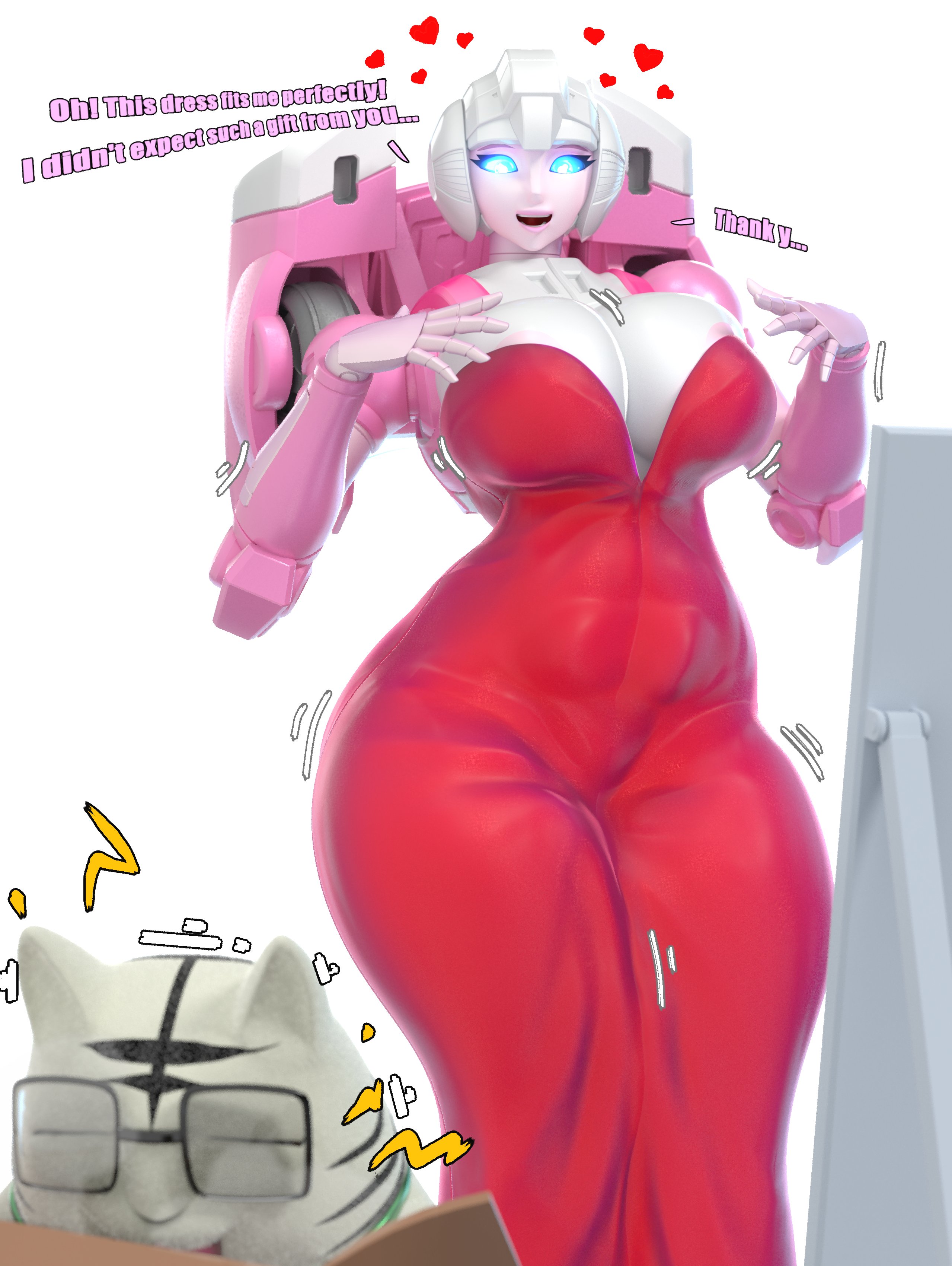 1girls, 3d, arcee, big breasts, dialogue, dress, red dress, robot, robot girl, robot humanoid, tigatron, transformers, trawert