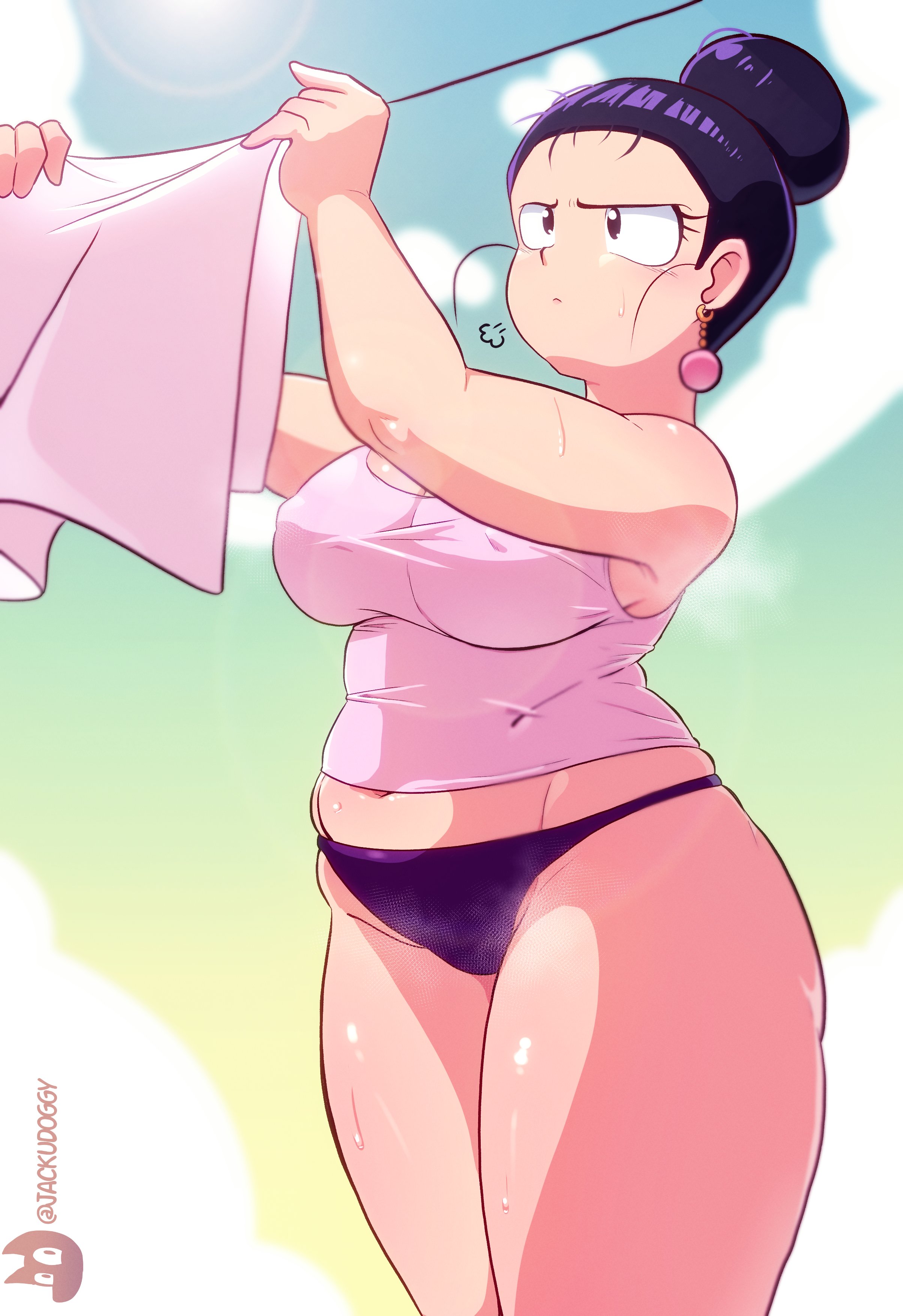 1girls, chichi, crop top, dragon ball, dragon ball z, earrings, female, female only, jackudoggy, laundry, messy hair, midriff, panties, sweat, underwear