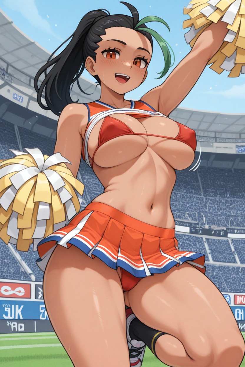 1female, 1girls, 1human, ai, ai generated, arm up, bangs, big breasts, black hair, black socks, bra, breasts, cheerleader, cheerleader outfit, cheerleader uniform, cheerleading, cheerleading pose, cheerleading uniform, day, daytime, female, female only, footwear, frosting.ai, game freak, grabbing object, green hair, happy, happy female, human, human only, knee up, long hair, looking at viewer, low angle, low-angle view, motion lines, nemona (pokemon), nintendo, nipple outline, non-nude, open mouth, orange bra, orange eyes, orange panties, orange skirt, panties, pokemon, pokemon sv, pokemon trainer, pom pom (cheerleading), pom poms, ponytail, shirt, shirt lift, shirt up, skirt, smiling, smiling at viewer, socks, stadium, stadium background, thick thighs, thighs, tiny shirt, tongue, tummy