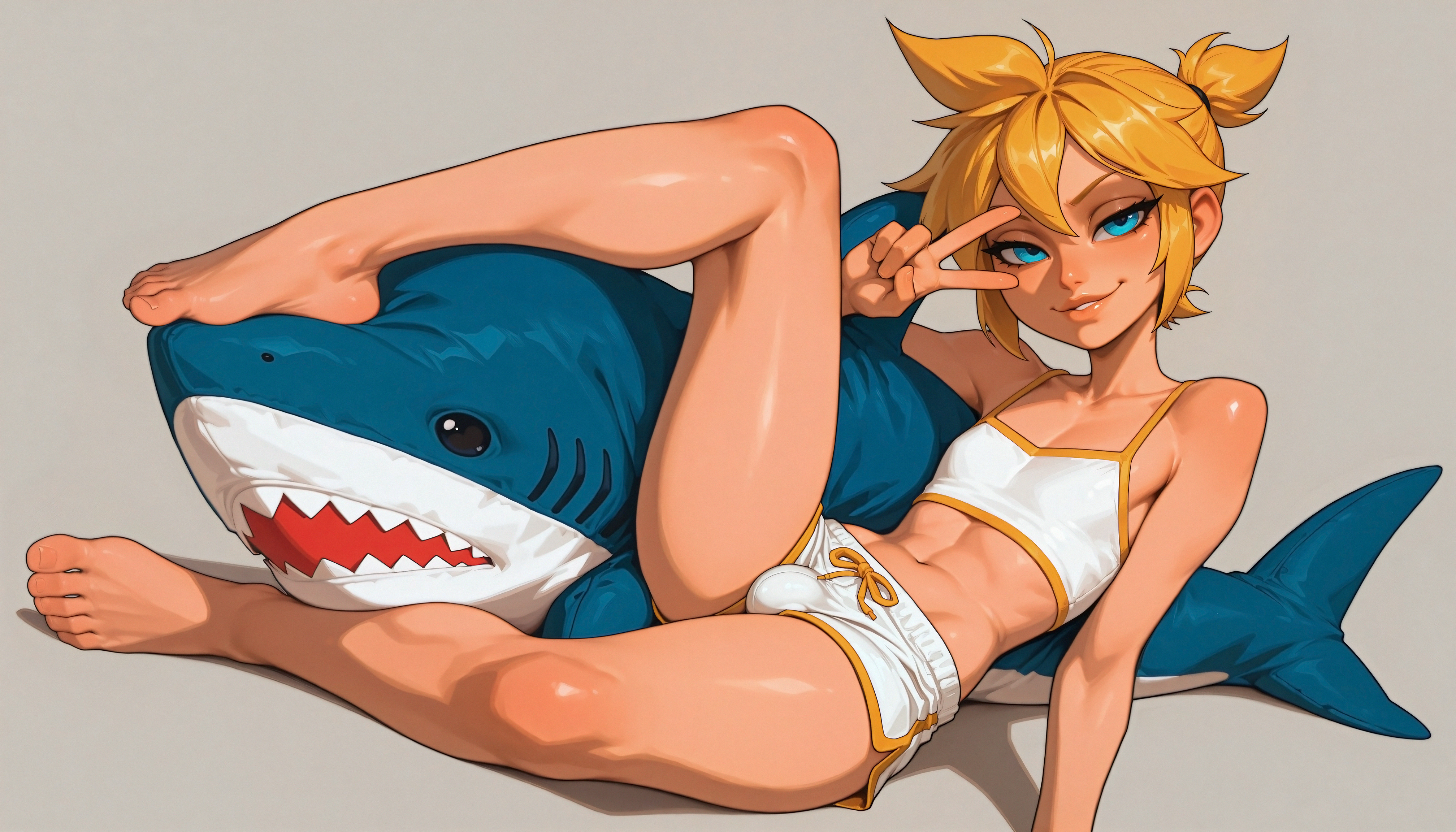 1boy, 4k, absurd res, ai generated, arm support, bare legs, bare shoulders, barefoot, bishounen, blonde hair, blue eyes, bulge, camisole, clavicle, clothing, collarbone, crop top, crossdressing, dolphin shorts, erection, erection under clothes, feet, femboy, full body, grey background, hair between eyes, half-closed eyes, hi res, high resolution, highres, ikea shark, illustrious (stable diffusion), jaja ai, kagamine len, knee up, landscape, leaning back, legs, lips, looking at viewer, male, male focus, midriff, navel, otoko no ko, parted lips, ponytail, reclining, self upload, shiny, shiny skin, short hair, short ponytail, short shorts, shorts, simple background, sitting, smile, smug, soles, solo, spaghetti strap, stable diffusion, stuffed animal, stuffed shark, stuffed toy, thighs, tied hair, toenails, toes, toned, trap, v, v over eye, very high resolution, vocaloid, wai-nsfw-illustrious-sdxl, wallpaper, white shorts