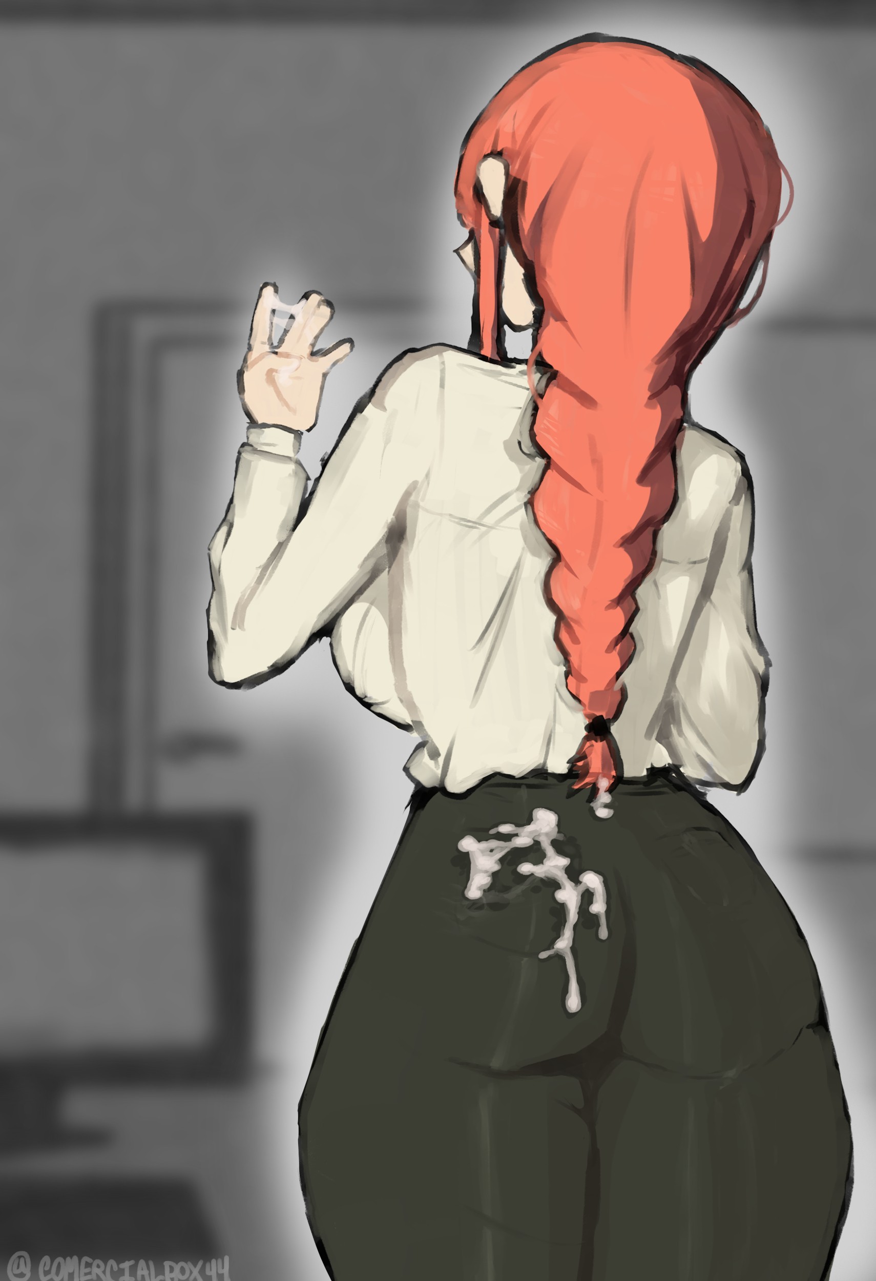 1girls, 2d, 2d (artwork), artist name, chainsaw man, clip studio paint (medium), clothed female, commercialbox44, cum, cum on ass, cum on fingers, cum on hair, cum on hands, cum on pants, female, female only, makima (chainsaw man), office clothing, ponytail, redhead, redhead female, unseen female face