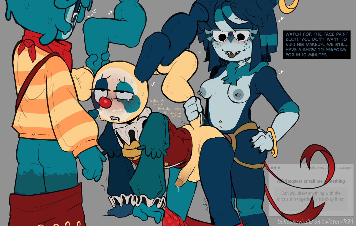 2boys1girl, ballooneyballs, belly button piercing, blot (dandy's world), cum on face, cumshot, dandy's world, dandys world, dominant female, flustered male, gripping tail, looey (dandy's world), naked female, naked female clothed male, nipple piercing, peircings, pierced nipples, piercing, piercings, pleasure face, pleasured expression, red face, show-time blot, show-time looey, show-time yatta, speech, speech bubble, speech bubbles, sticking out tongue, sticking tongue out, strap-on, strapon, sweat, sweatdrop, sweating, tail, talking to partner, text, text box, text bubble, threesome, trio, yatta (dandy's world)
