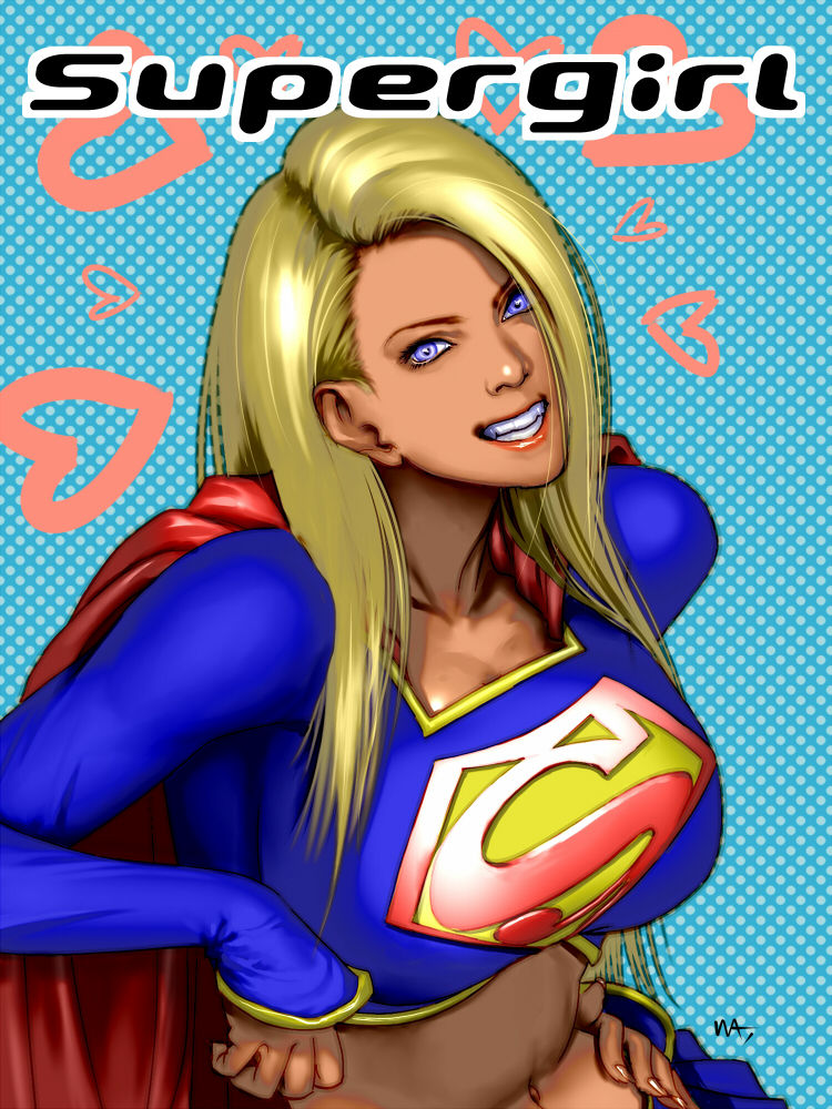 big_breasts blonde_hair blue_eyes breasts busty cape crop_top dc female female_focus female_only kara_zor-el large_breasts long_hair navel pinup skirt smile solo supergirl superman_(series) tagme wakino_keibun