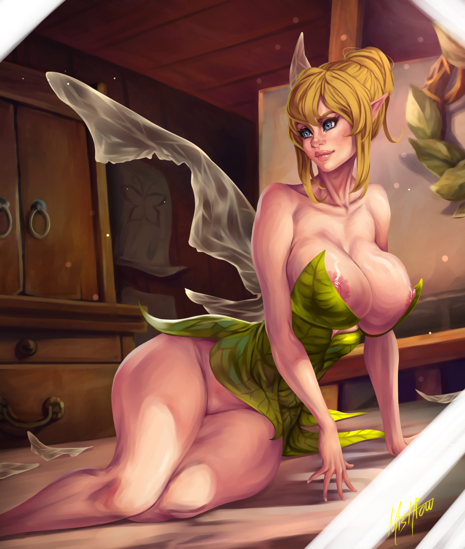 1girls, areolae, ass, bare arms, bare legs, bare shoulders, blonde hair, blue eyes, bottomless, breasts, crossed legs, disney, disney fairies, dress, fairy, fantasy, female, female focus, female only, jpeg, long hair, mistflowdraw, nipple slip, nipples, overflowing breasts, peter pan (disney), pinup, pointy ears, pose, posing, short dress, solo, tagme, thick thighs, tied hair, tinker bell, wide hips, wings