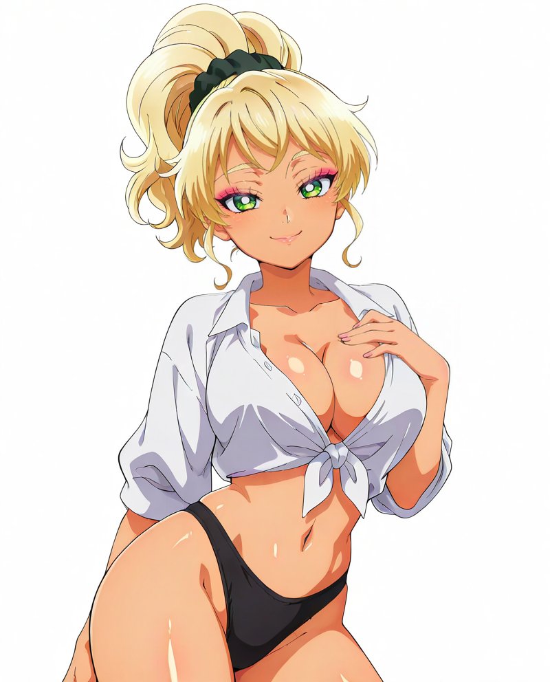 1girls, ai generated, blonde hair, green eyes, gyaru, ijichi kotoko, otaku ni yasashii gal wa inai!?, string, tied shirt