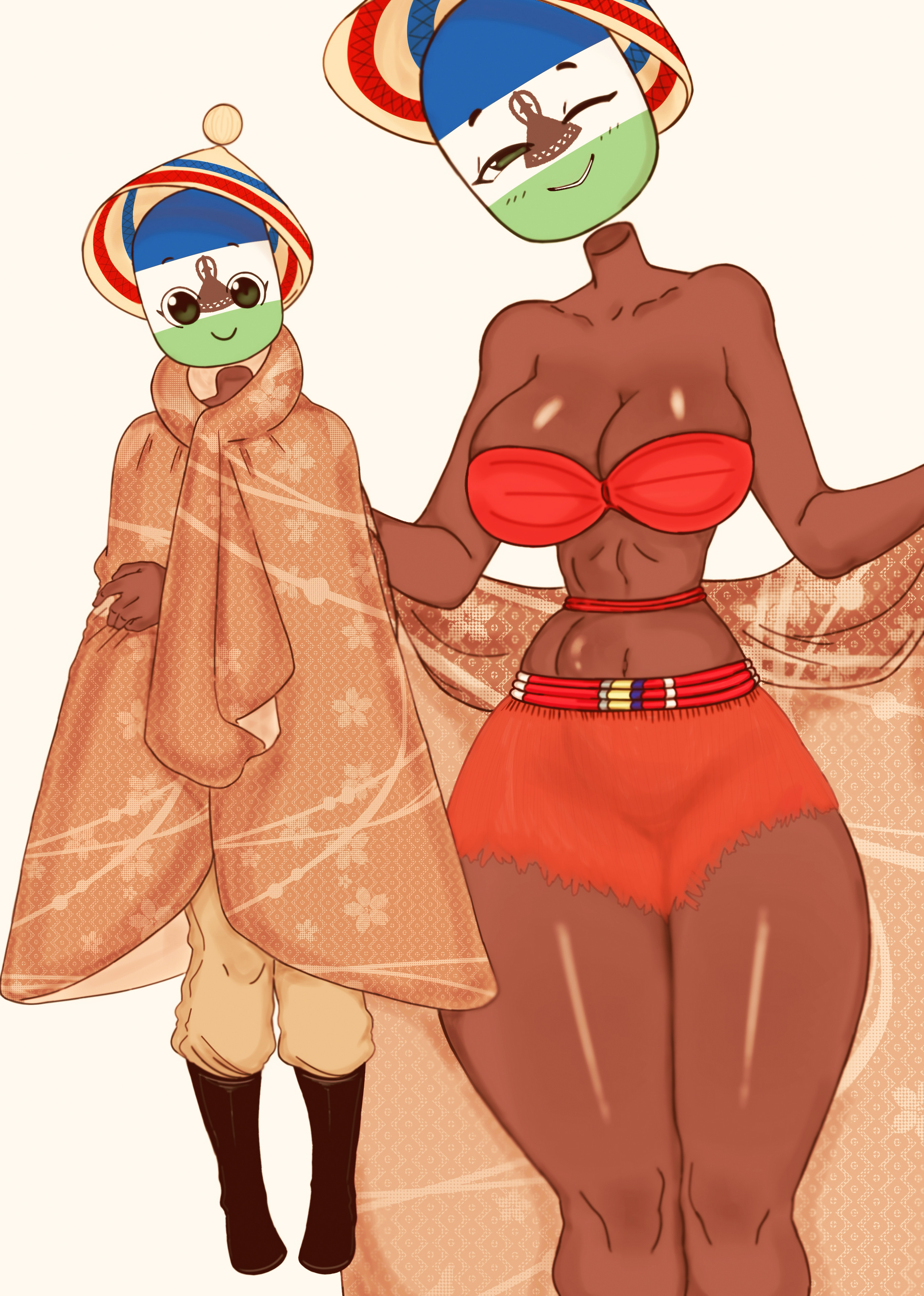 1girls, 2026, african, african female, big breasts, clothed, clothing, countryhumans, countryhumans girl, dark skin, dark-skinned female, female, female only, flawsy, green eyes, hourglass figure, lesotho (countryhumans), tagme, thick thighs, white background, wink, winking at viewer