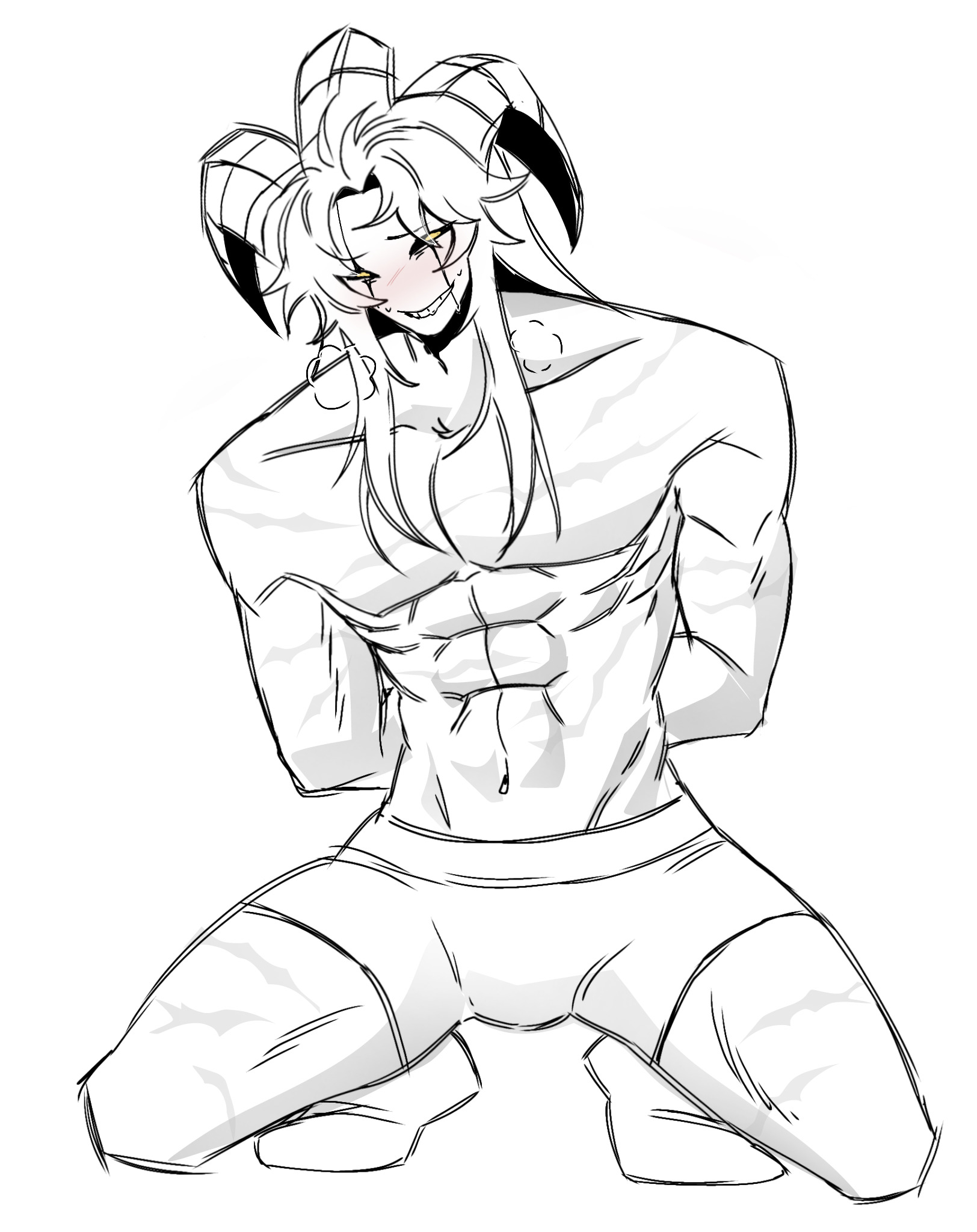 blushing at viewer, blushing face, blushing male, facing viewer, monster boy, nude male, pierrot (the freak circus), pompommie, solo focus, solo male, the freak circus, underwear only