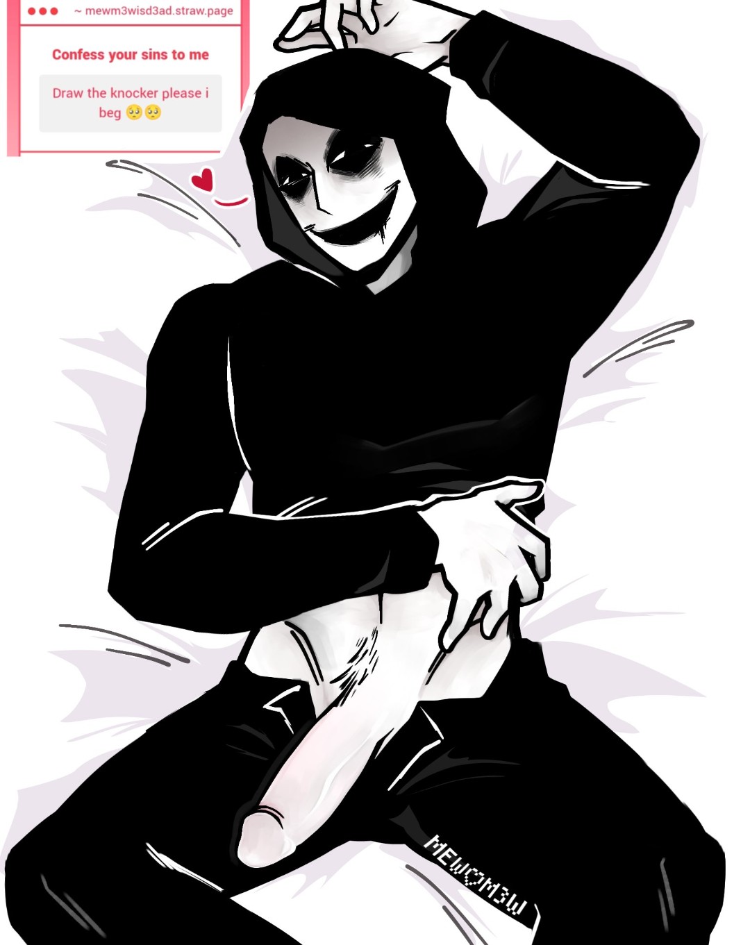 1boy, big dick, clothed, clothed male, hoodie, laying down, laying on bed, looking at viewer, mewm3wisd3ad (artist), minecraft horror, open pants, penis, pubic hair, spoken heart, the knocker