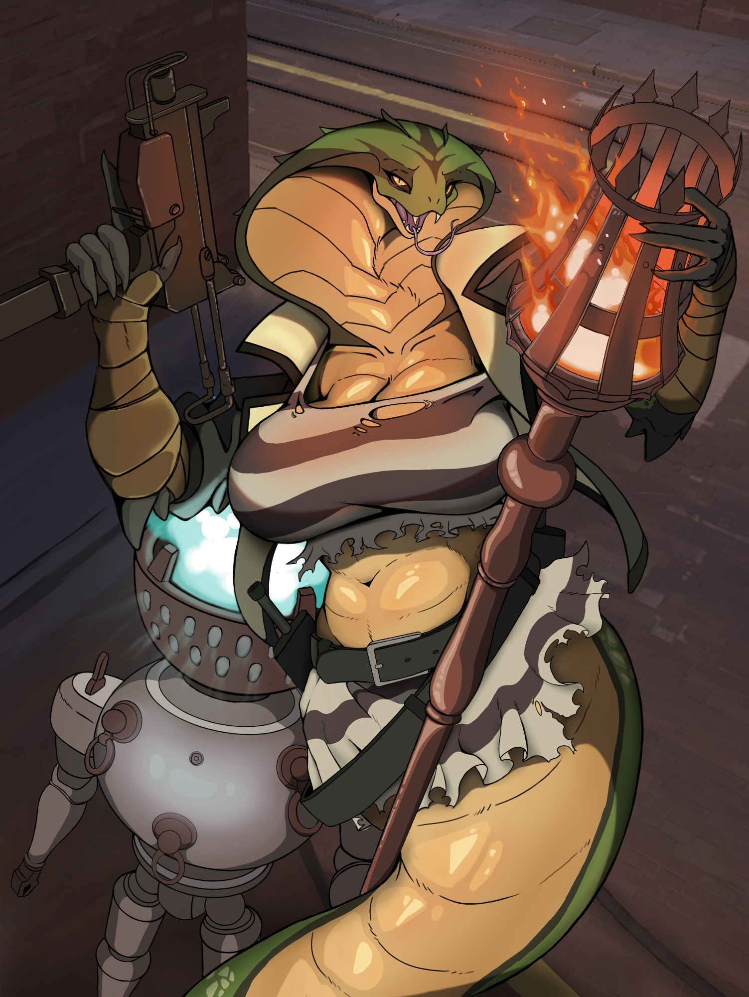 2d, 2d (artwork), breasts, cleavage, clothing, deadlock, hips, holding object, holding weapon, large breasts, looking at viewer, midriff, navel, nosoksudbi, scales, snake, snake girl, snake hood, teeth, tongue, tummy, valve, vyper (deadlock), wide hips, yellow sclera