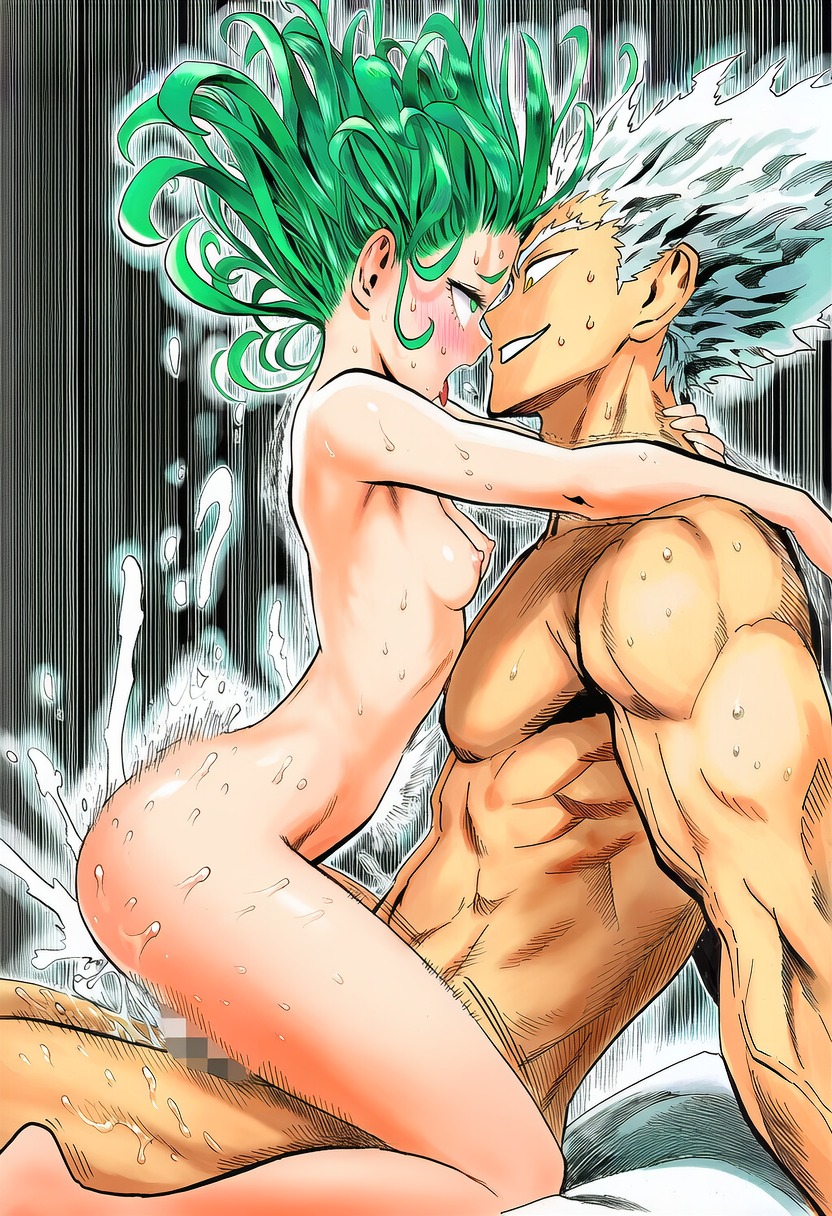 , 1boy, 1girls, abs, accurate art style, ahe gao, ai generated, areolae, arm support, arms around neck, arms around partner, arms behind back, ass, bare arms, bare legs, bare shoulders, bed, bed sheet, blush, breasts, censored, censored penis, collarbone, completely nude, completely nude female, completely nude male, cowgirl position, creampie, cum, cum drip, cum in pussy, cum inside, cum overflow, cum splatter, cumshot, curly hair, duo, ejaculation, ejaculation while penetrated, erect nipples, erection, excessive cum, excessive genital fluids, eye contact, eyelashes, face-to-face, feet out of frame, female, female on top, flipped hair, floating hair, from side, garou (one-punch man), girl on top, green eyes, green hair, grin, hetero, high resolution, highres, indoors, light skin, light-skinned female, line art, looking at another, looking pleasured, lying on bed, manga style, manly, medium hair, mosaic censoring, motion lines, murata yuusuke (style), muscular, muscular male, nipples, nude, nude female, nude male, official style, on bed, one-punch man, open mouth, penis, perky breasts, petite, semen, sex, shiny hair, shiny skin, side view, simple background, sitting on bed, slender body, small breasts, smile, spiked hair, straddling, straight, sweat, sweatdrop, tatsumaki, thin eyebrows, tongue, tongue out, upright straddle, vaginal, vaginal penetration, white hair