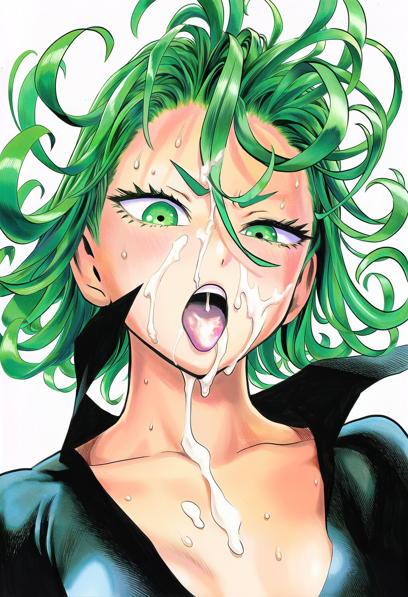1girls, accurate art style, after fellatio, ai generated, black dress, blush, bodily fluids, breasts, cleavage, close-up, clothing, collarbone, cum on body, cum on chest, cum on face, cum on hair, cum on tongue, curly hair, dress, eyelashes, face focus, facial, female, female focus, female only, from below, green eyes, green hair, hair between eyes, high resolution, highres, light skin, light-skinned female, line art, looking at viewer, manga style, murata yuusuke (style), official style, one-punch man, open mouth, portrait, semen, shiny hair, shiny skin, short hair, simple background, small breasts, solo, solo focus, standing, sweat, sweatdrop, tatsumaki, teeth, thin eyebrows, tongue, tongue out, upper body, upper teeth, upper teeth only, v-shaped eyebrows