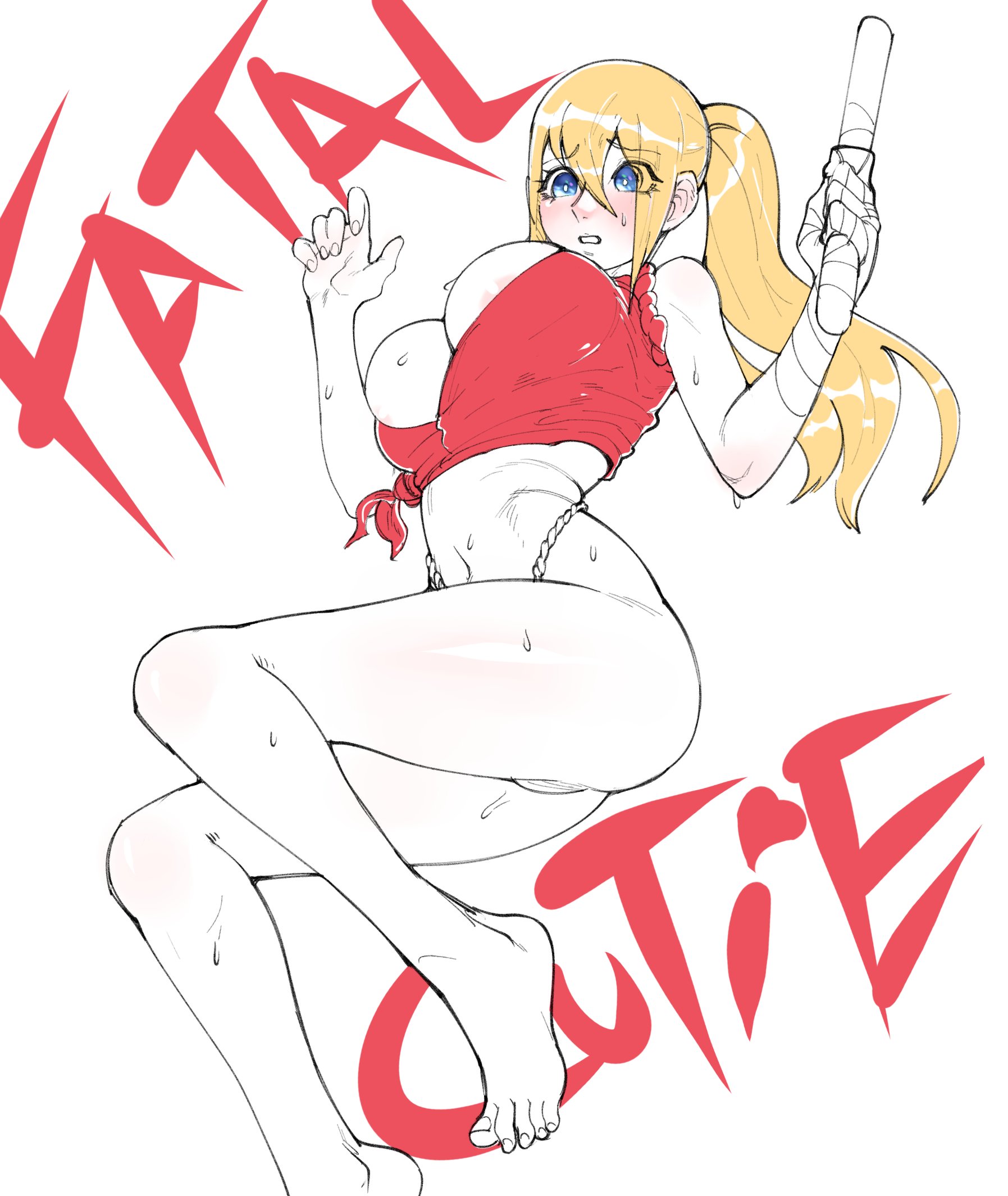 areola slip, areolae, bare shoulders, barefoot, blonde hair, breasts, canon genderswap, cleavage, fatal fury, feet, female, female only, female terry, high resolution, huge breasts, king of fighters, legs, minkye, ponytail, rule 63, snk, snk heroines: tag team frenzy, sweat, terry bogard, thighs, tied hair, tight clothes