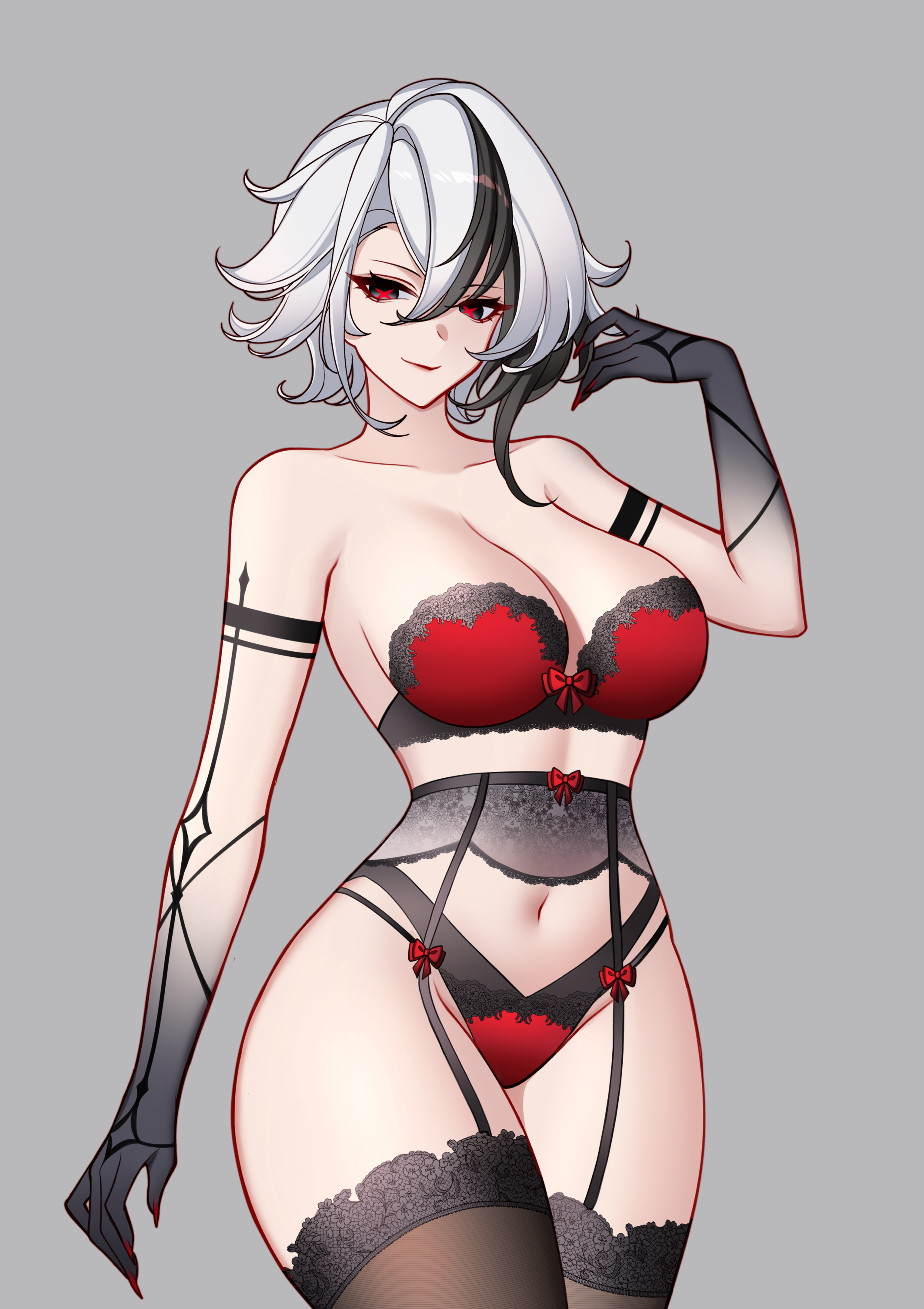 arlecchino (genshin impact), arm markings, belly, big breasts, black and white hair, bra, busty female, charlie purrito, curvy female, genshin impact, hand in hair, hoyoverse, lingerie, panties, short hair, thick thighs, wide hips