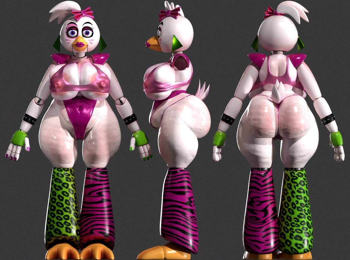 3d, blue eyes, duranomates, earrings, five nights at freddy's, five nights at freddy's: security breach, glamrock chica (fnaf), huge ass, huge breasts, lipstick, robot girl, solo, tight clothing