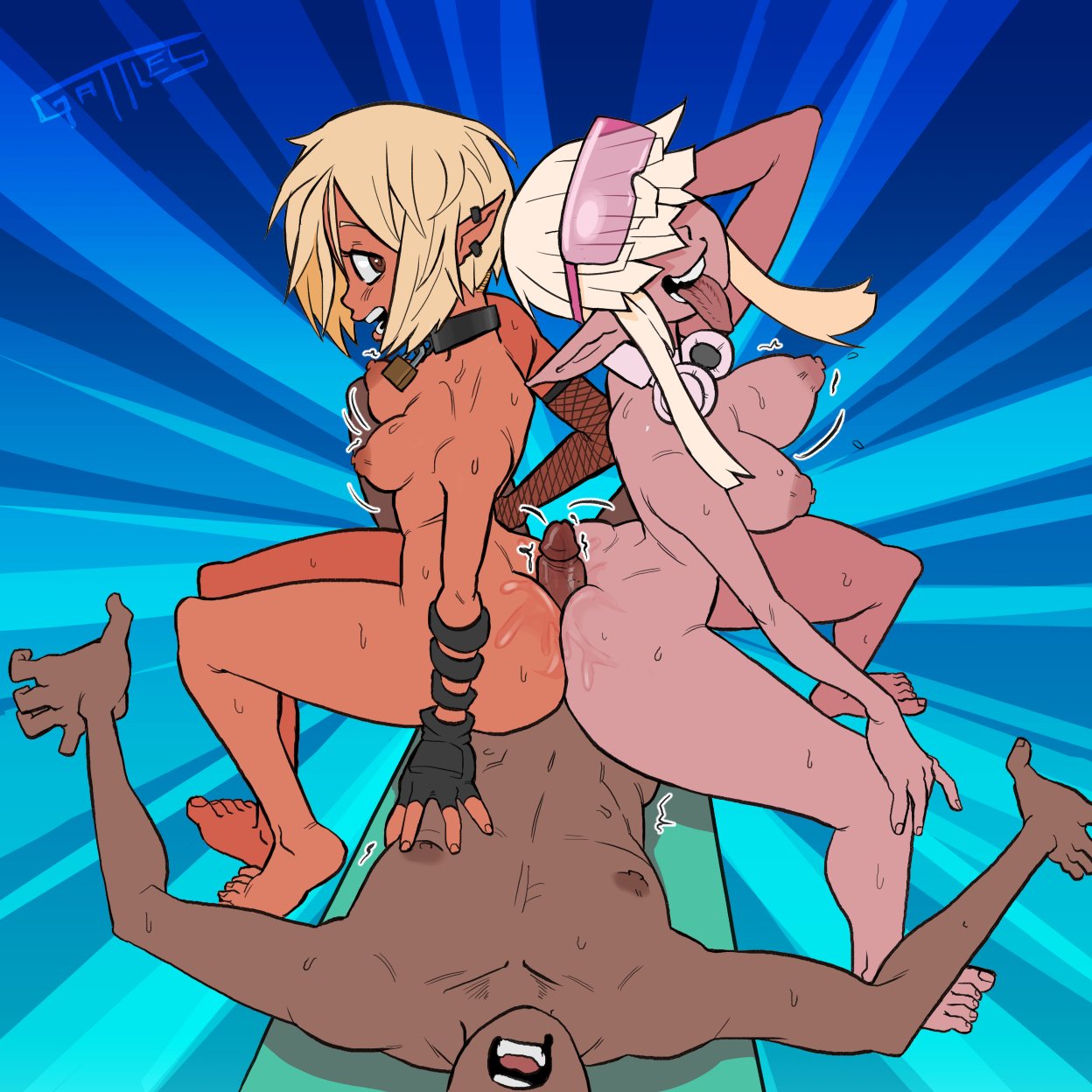 1boy, 2girls, ass, assjob, between buttocks, breast size difference, breasts, buttjob, dark skin, dark-skinned male, double buttjob, female, femdom, gattles, grin, hair over eyes, lying on back, male, medium breasts, nude, pointy ears, short hair, sitting on lap, small breasts, threesome, tongue, tongue out, wet