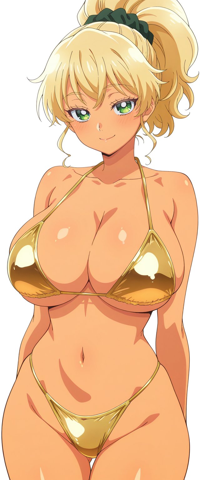ai generated, big breasts, blonde hair, gold bikini, green eyes, ijichi kotoko, otaku ni yasashii gal wa inai!?