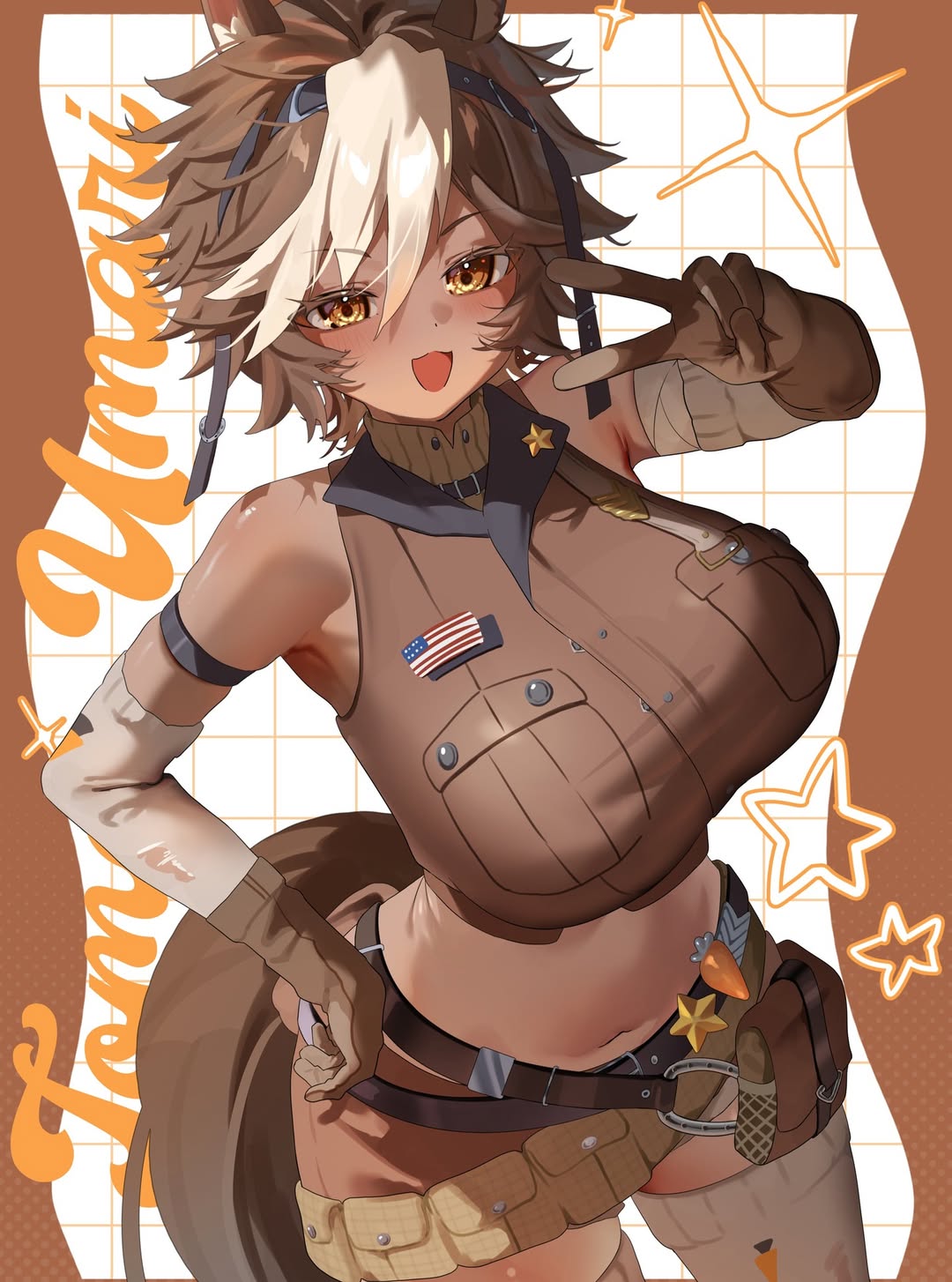 artist request, big breasts, horse girl, kakuma aru, military girl, military uniform, tagme, tan body, tanned skin, tomboy, umari tomoe, v-dere, virtual youtuber