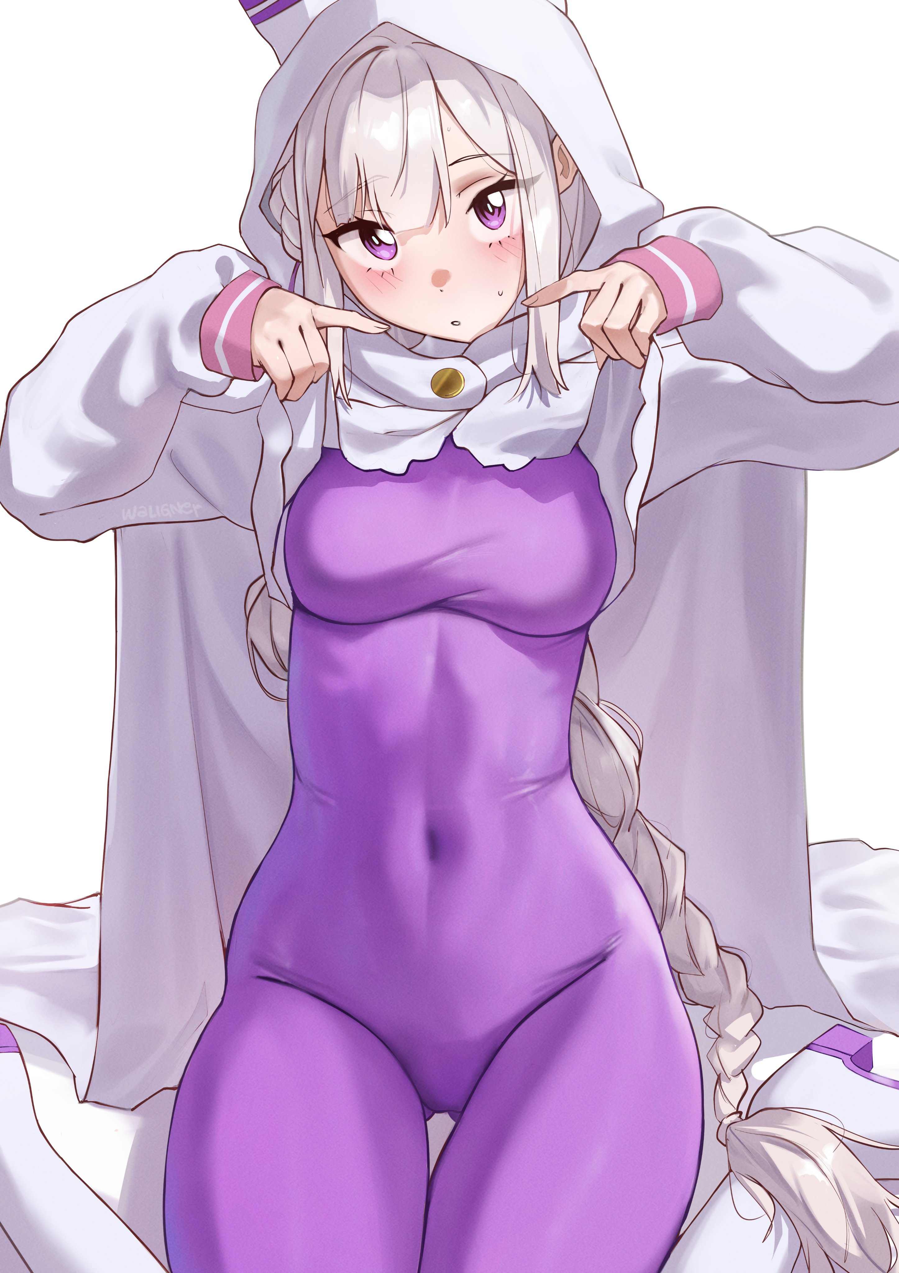 1girl, absurdres, bodysuit, breasts, cloak, cloak lift, commentary, covered navel, emilia (re:zero), english commentary, highres, impossible bodysuit, impossible clothes, large breasts, long hair, official alternate costume, pointy ears, purple bodysuit, purple eyes, purple ribbon, re:zero kara hajimeru isekai seikatsu, ribbon, simple background, sitting, skin tight, solo, waligner, wariza, white background, white cloak, white hair