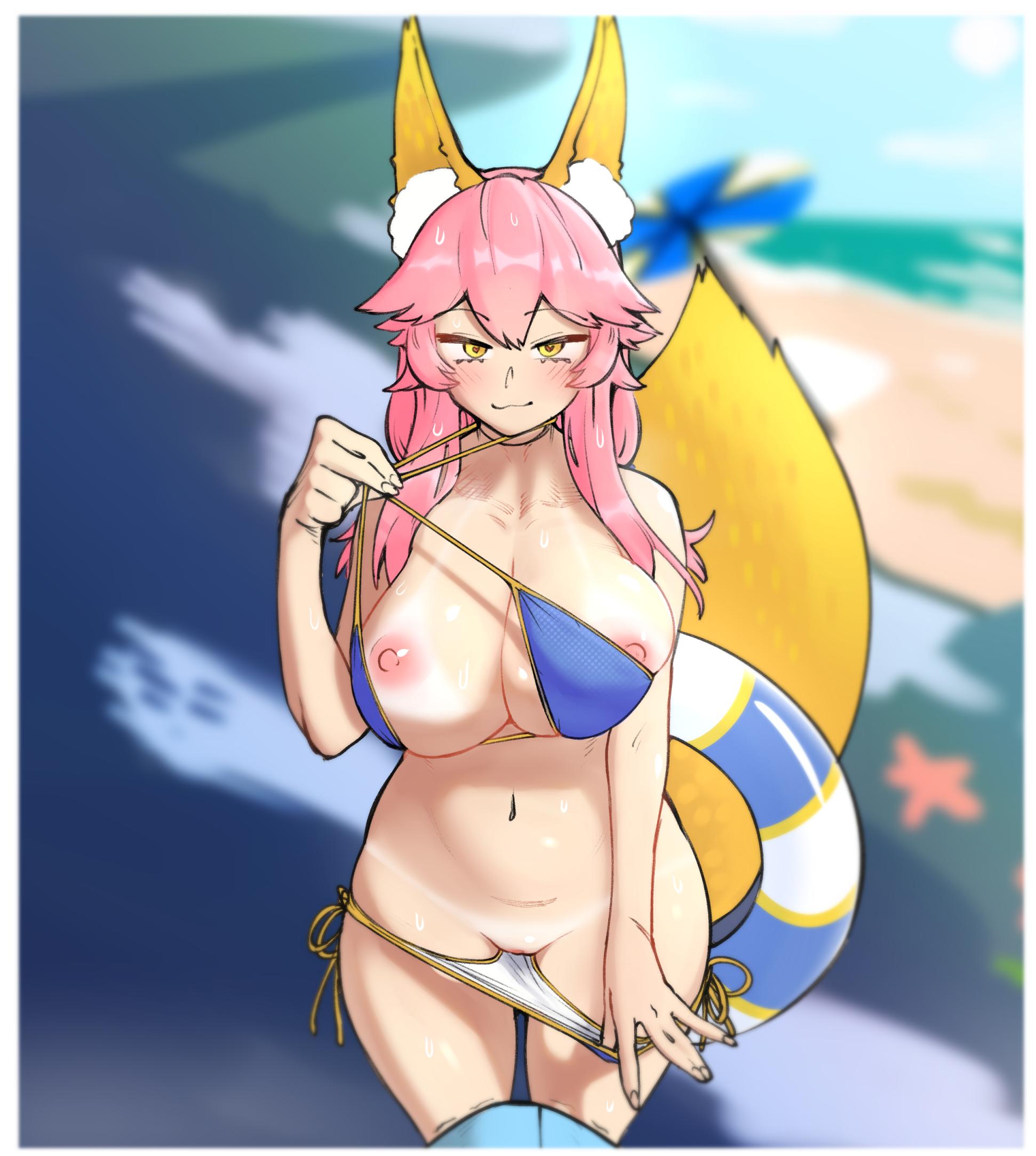 animal ears, bikini, bikini pull, blue background, breasts, cleavage, fate (series), female, female only, flashing, huge breasts, minkye, nipple slip, pink hair, presenting, pulling, solo, tail, tamamo no mae (fate), tanlines, wet, yellow eyes