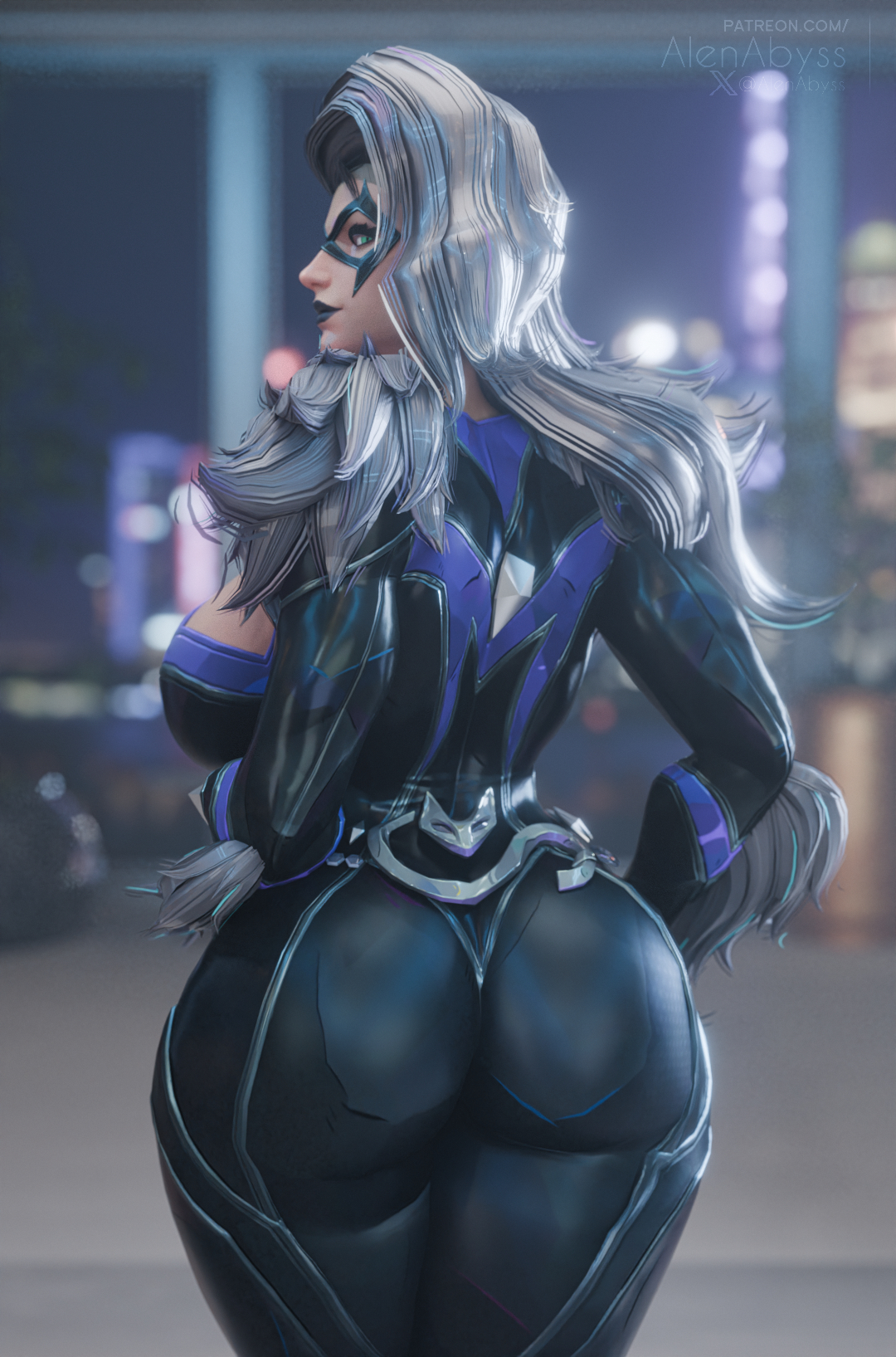 1girls, 2026, 3d, 3d (artwork), alenabyss, big ass, big breasts, black cat (marvel rivals), black cat (marvel), bodysuit, bubble ass, bubble butt, dat ass, felicia hardy, female, marvel, marvel comics, marvel rivals, skin tight, solo, spider-man (series), tight clothes, tight clothing, white hair, wide hips