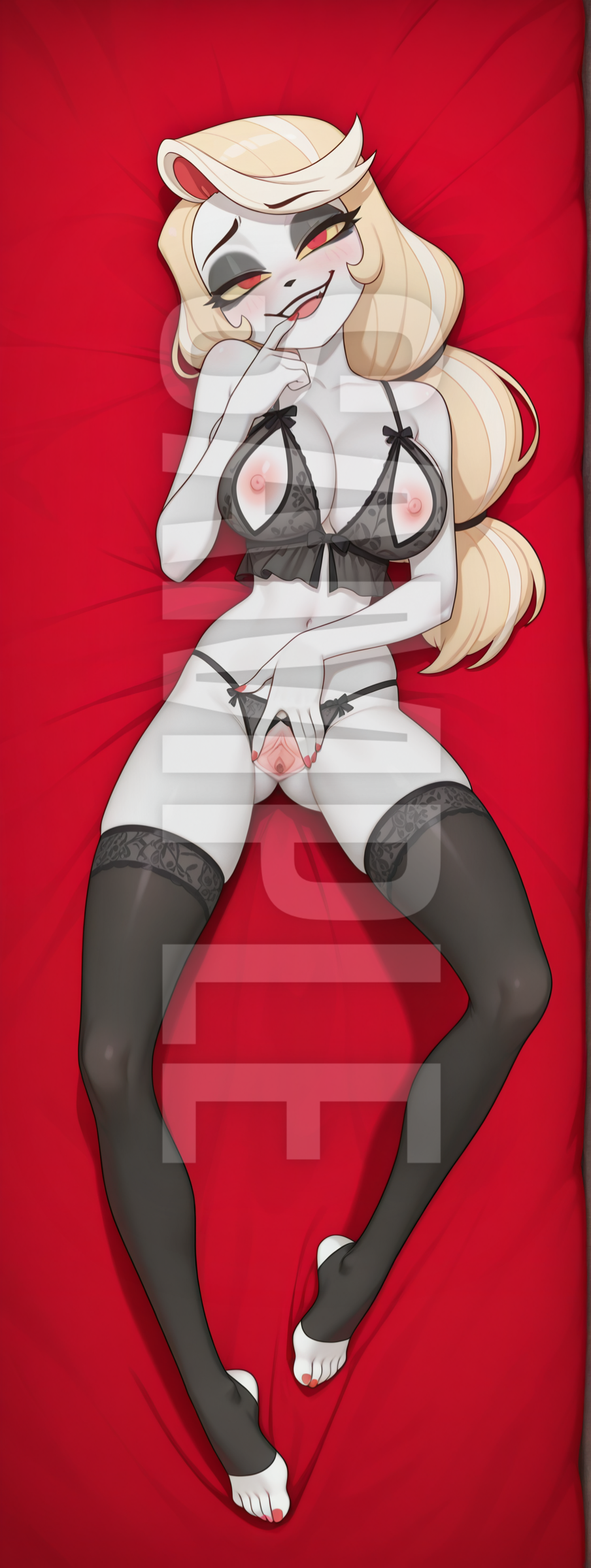 1girls, ai generated, blonde hair, blush, breasts, charlie morningstar (hazbin hotel), dakimakura, female, full body, hazbin hotel, hi res, high resolution, highres, lingerie, lying, naughty face, nipples, patreon, pussy, red eyes, sleeplessnighty, solo, solo focus, spread pussy, tagme, watermark