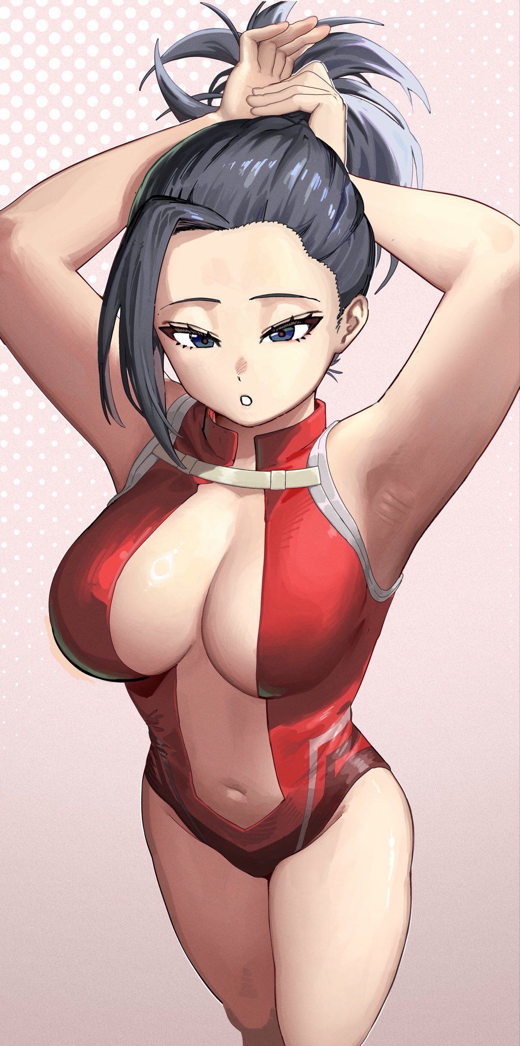 1girl, 1girls, adjusting hair, armpits, arms behind head, arms up, black eyes, black hair, blush, boku no hero academia, breasts, center opening, cleavage, collared leotard, female, female only, hair lift, hair pulled back, hands in own hair, highleg, highleg leotard, highres, large breasts, leotard, long hair, looking at viewer, momo yaoyorozu, momo yaoyorozu (hero outfit), my hero academia, navel, open clothes, open leotard, ponytail, red leotard, revealing clothes, satou 0 zero, simple background, solo, thighs, tight clothing, tying hair, yaoyoroppai, yaoyorozu momo, yaoyorozu momo (hero outfit)
