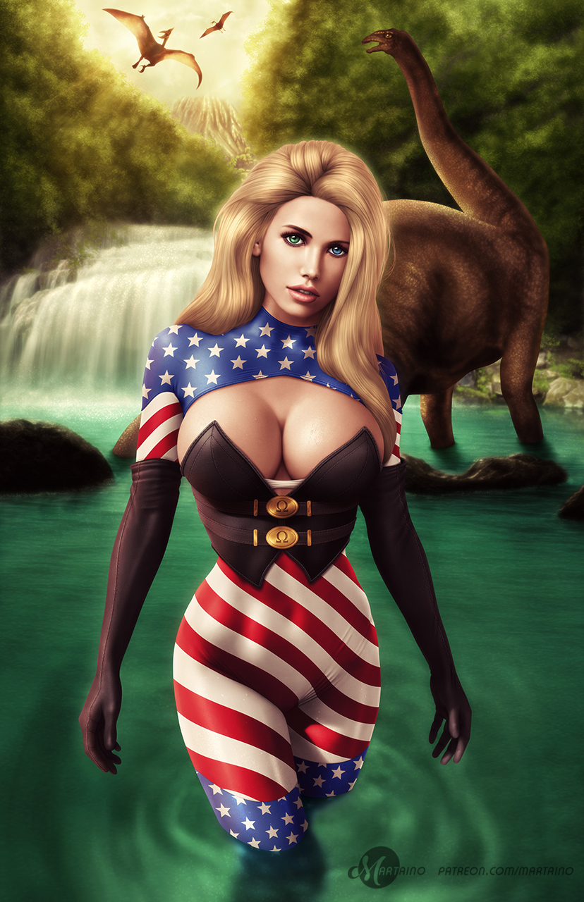 1girls alternate_version_available american_flag american_flag_bodysuit big_breasts black_corset black_gloves blonde_hair blue_eye breasts busty cleavage corset dinosaur eye_contact female female_only gloves green_eyes heterochromia human large_breasts long_hair looking_at_viewer martaino patriotika pink_lips pinup pterodactyl savage_land solo superheroine wading water waterfall