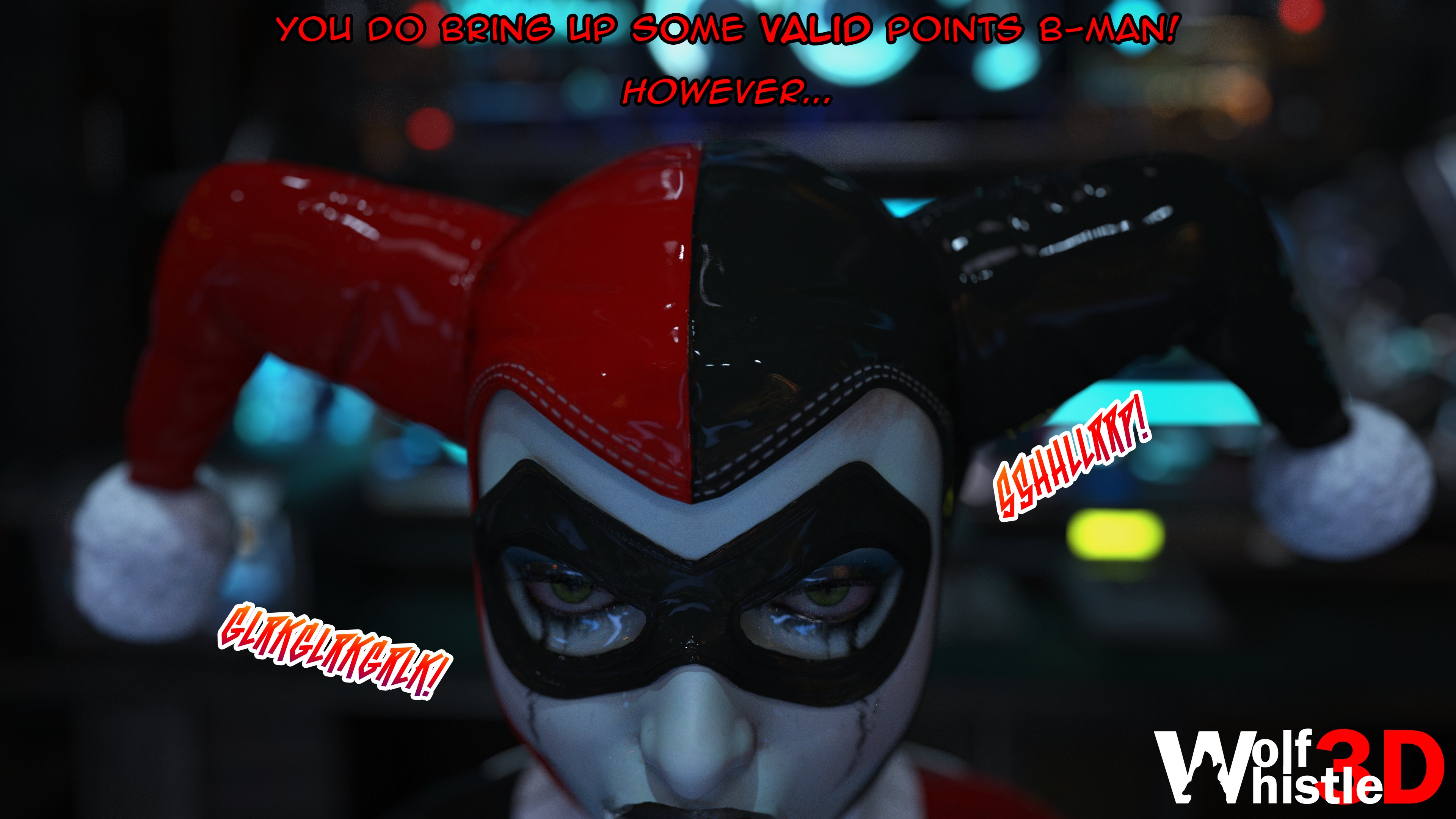 1girls, 3d, batman, batman (bruce wayne), batman (series), black lipstick, blowjob, clown, clown girl, clown makeup, dc comics, dialogue, enemies, enemies with benefits, facepaint, fellatio, female, harley quinn, harley quinn (arkham), harley quinn (classic), harley quinn (suicide squad game), implied oral, implied sex, jester, jester hat, mask, offscreen character, offscreen sex, oral, oral sex, running mascara, runny makeup, solo, solo female, suicide squad, suicide squad: kill the justice league, text, wolfwhistle3d