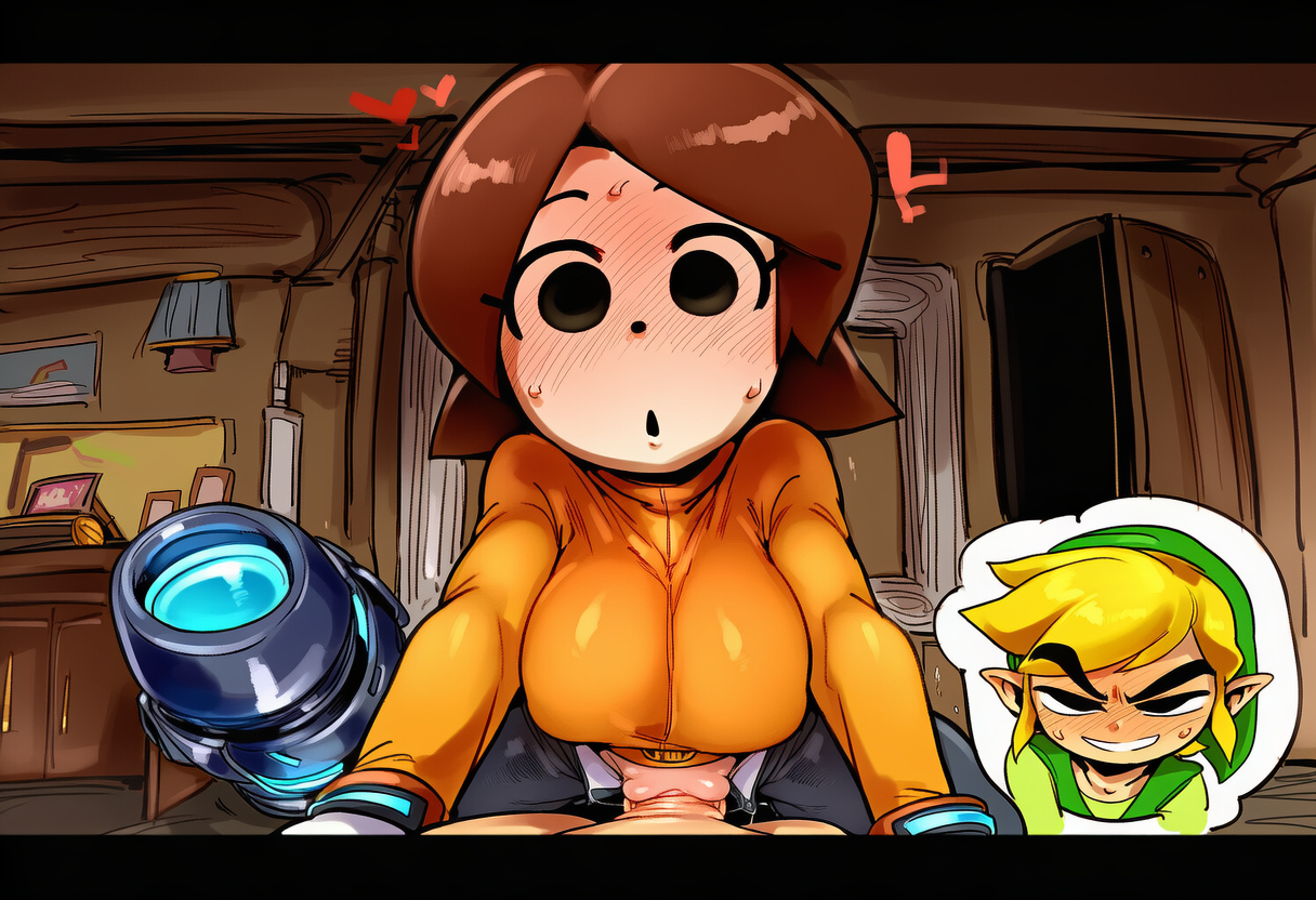 1boy, 1girls, ai generated, big penis, black eyes, blonde hair, blush, breasts, brown hair, duo, female, heart, huge cock, lameai, light skin, light-skinned female, light-skinned male, link, looking at viewer, male, medium hair, mii, mii gunner, mii gunner (smash 4), nintendo, penetration, penis, pointy ears, pov, pussy, riding, riding penis, sex, small but hung, straight, super smash bros., super smash bros. for nintendo 3ds and wii u, the legend of zelda, toon link, vaginal, vaginal penetration