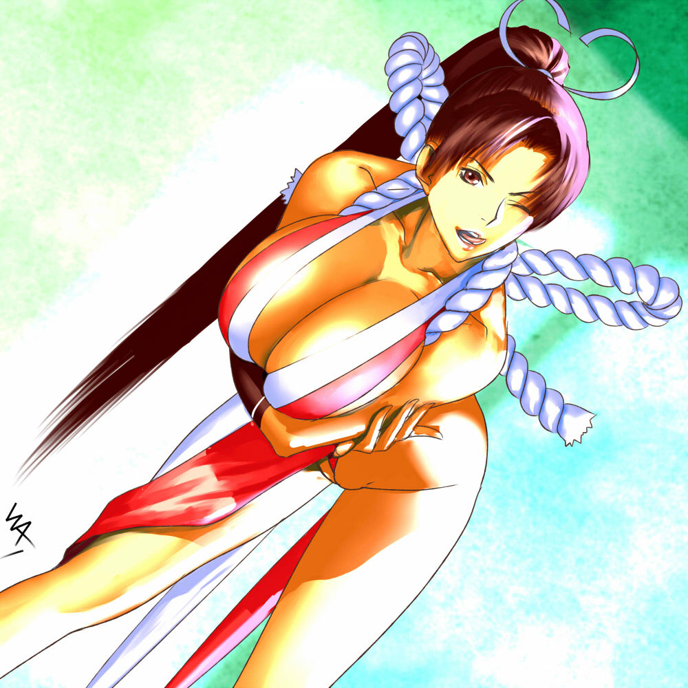 bare_arms bare_legs bare_shoulders big_breasts breasts brown_eyes brown_hair busty cameltoe cleavage fatal_fury female female_focus female_only king_of_fighters kunoichi large_breasts lipstick long_hair mai_shiranui pinup ponytail snk solo tagme thick_thighs tied_hair tongue tongue_out wakino_keibun wedgie wide_hips wink