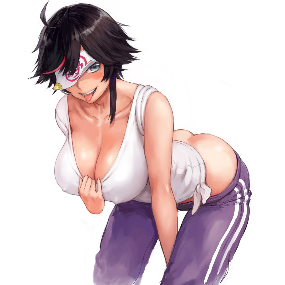 1:1_aspect_ratio ahoge ass bare_arms bare_shoulders bent_over black_hair blue_eyes blush breasts clavicle cleavage covering_eyes curvaceous erect_nipples erect_nipples_under_clothes female female hanging_breasts hips huge_ass large_breasts leaning_forward looking_at_viewer mikanman minori_yumeko minori_yumeko_(character) multicolored_hair nipples ofuda one_eye_covered open_mouth original pants purple_pants scoop_neck shirt short_hair simple_background smile solo standing streaked_hair tank_top thighs tongue tongue_out track_pants virtual_youtuber white_background white_shirt white_tank_top